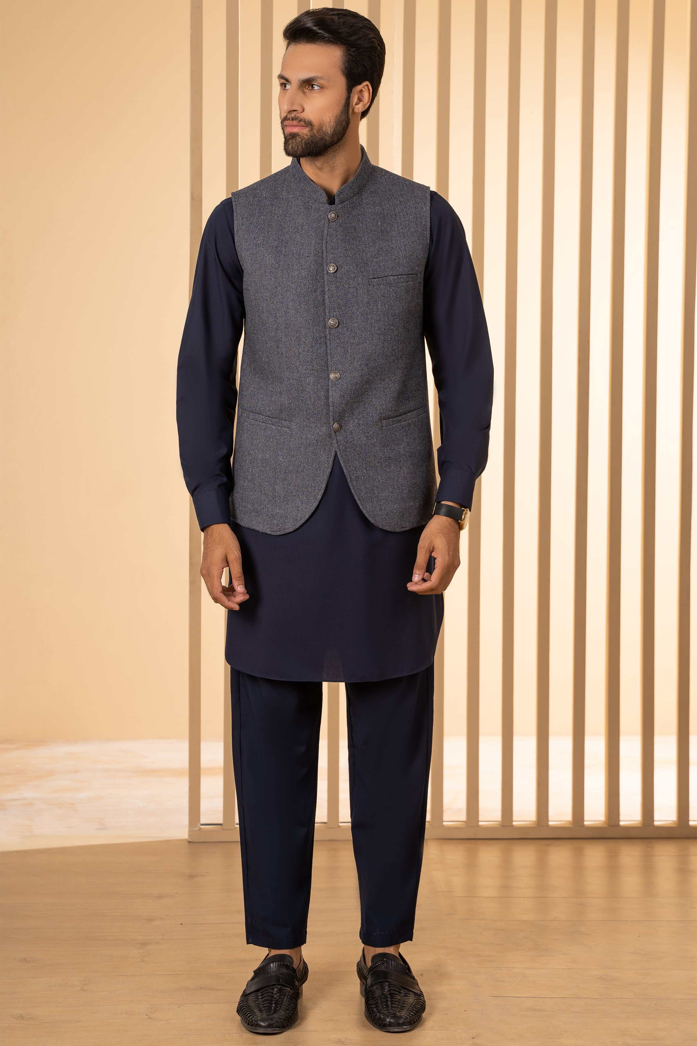 Grey herringbone waistcoat with button front and stand collar, sleeveless