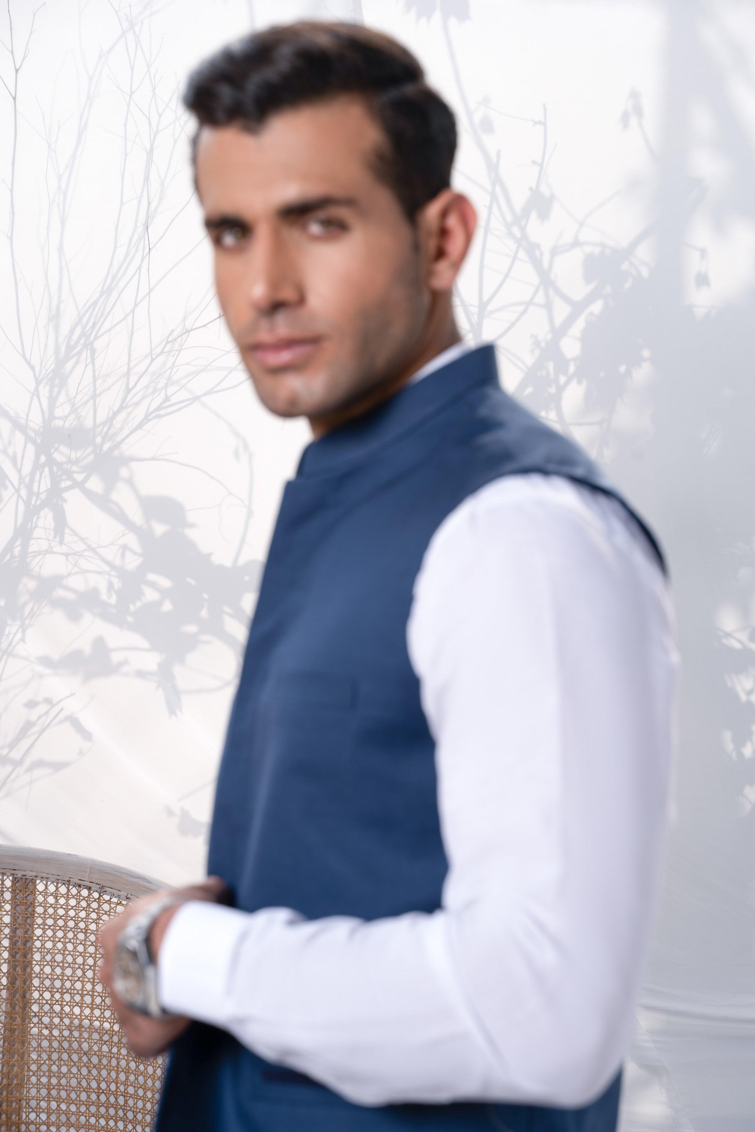 Indigo blue waistcoat vest with front button placket and stand collar