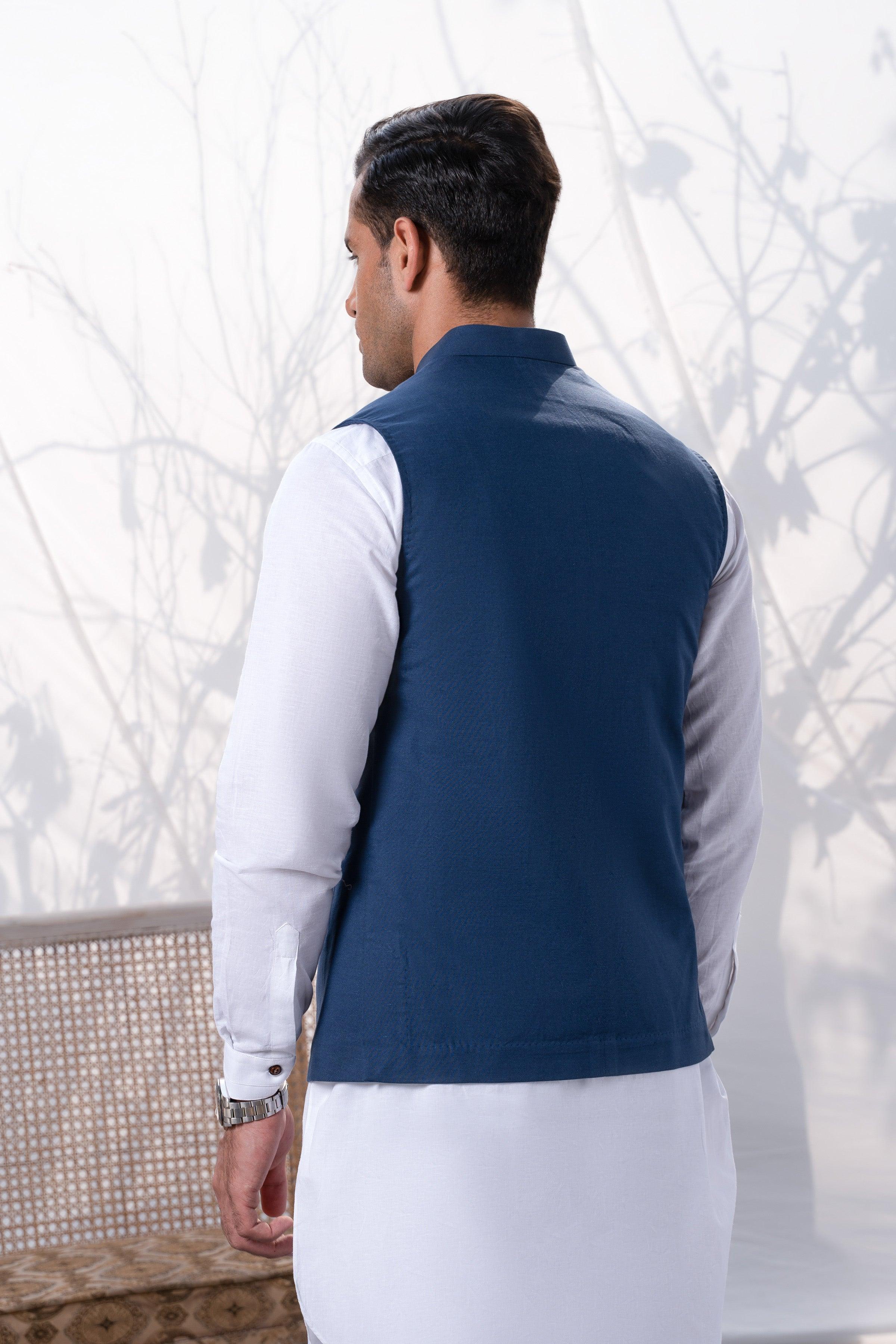 Indigo blue waistcoat vest, back view with curved hem