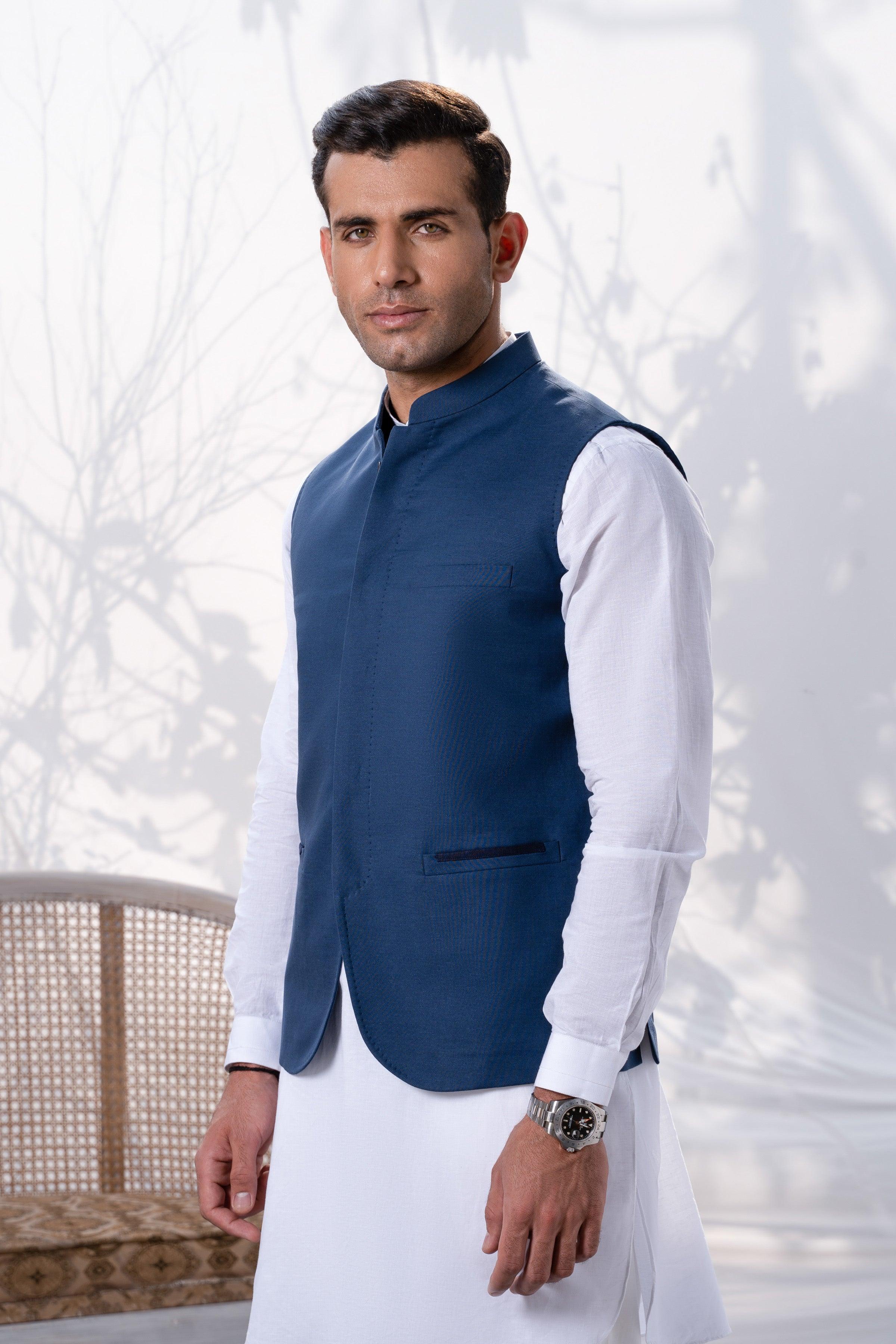Indigo blue waistcoat vest with notch collar and single chest pocket