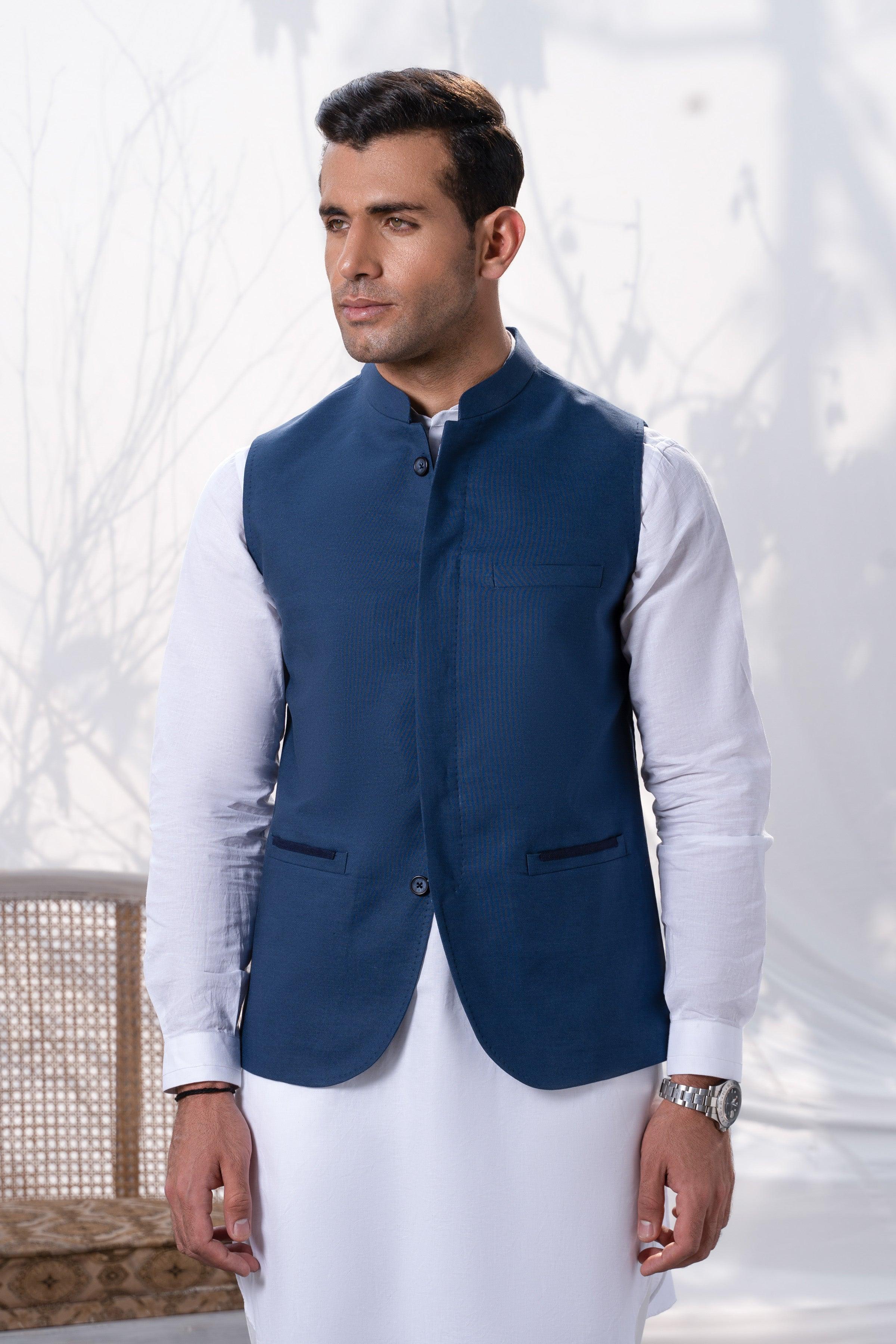 Indigo blue waistcoat vest with front buttons and two welt pockets