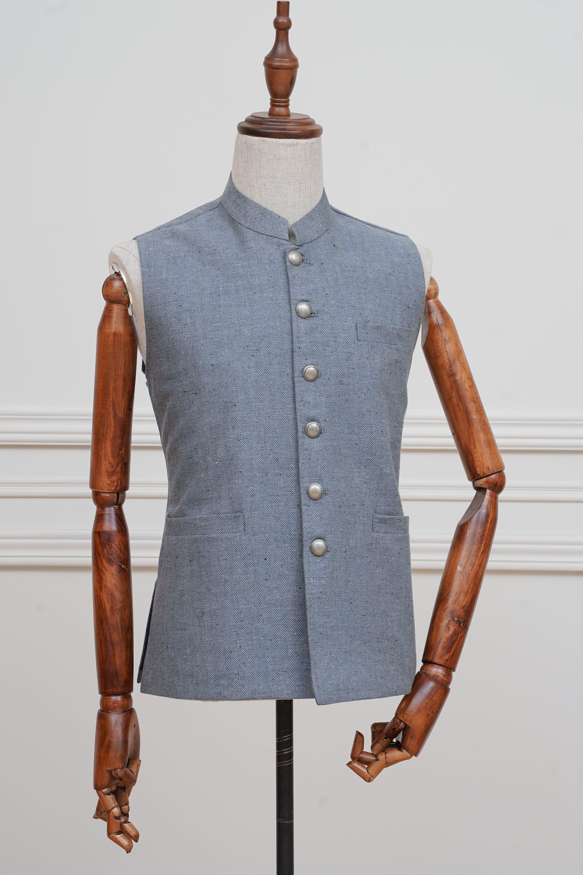 Light blue waistcoat with stand collar and front button placket