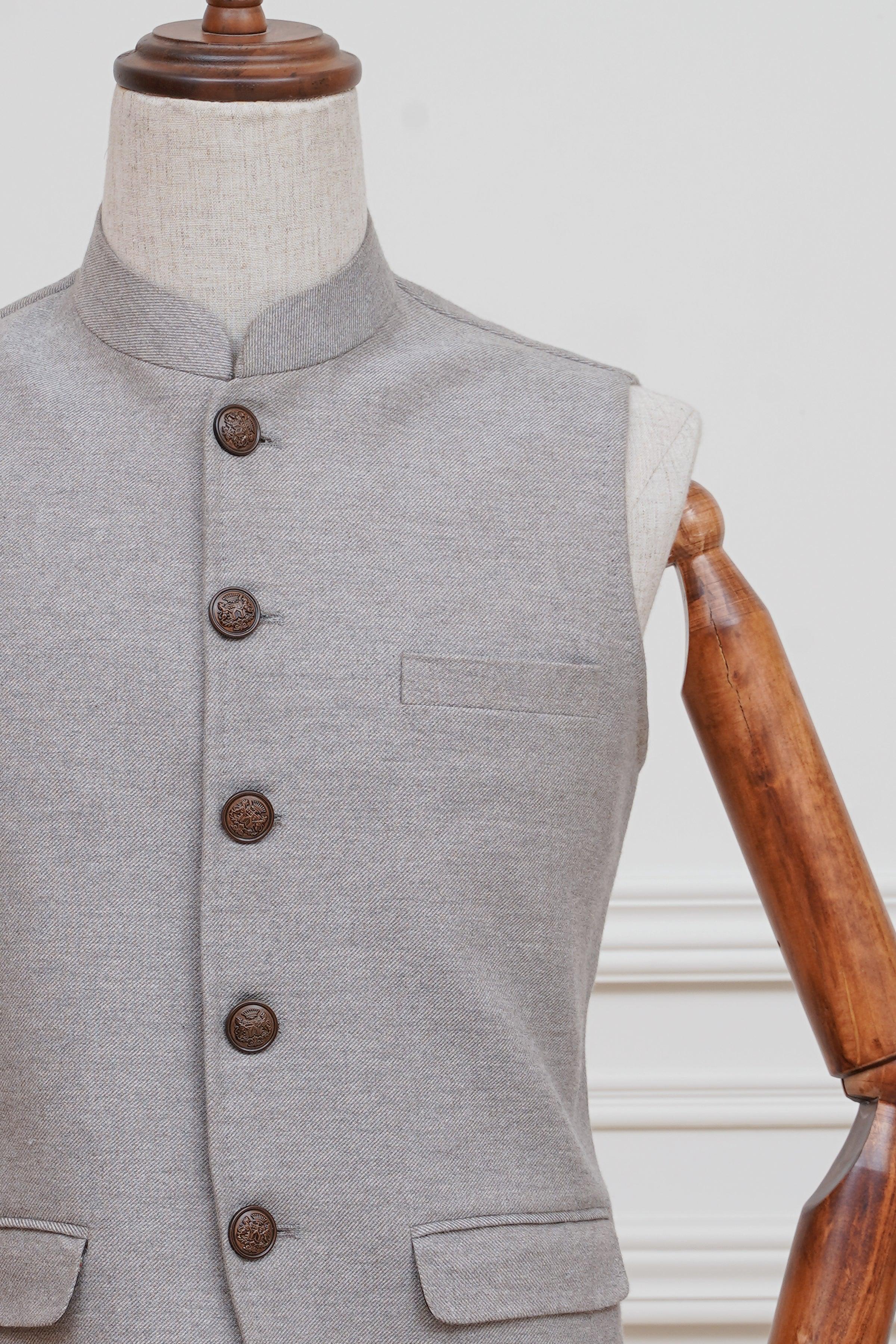 Waistcoat close-up with stand collar, button placket and flap chest pocket