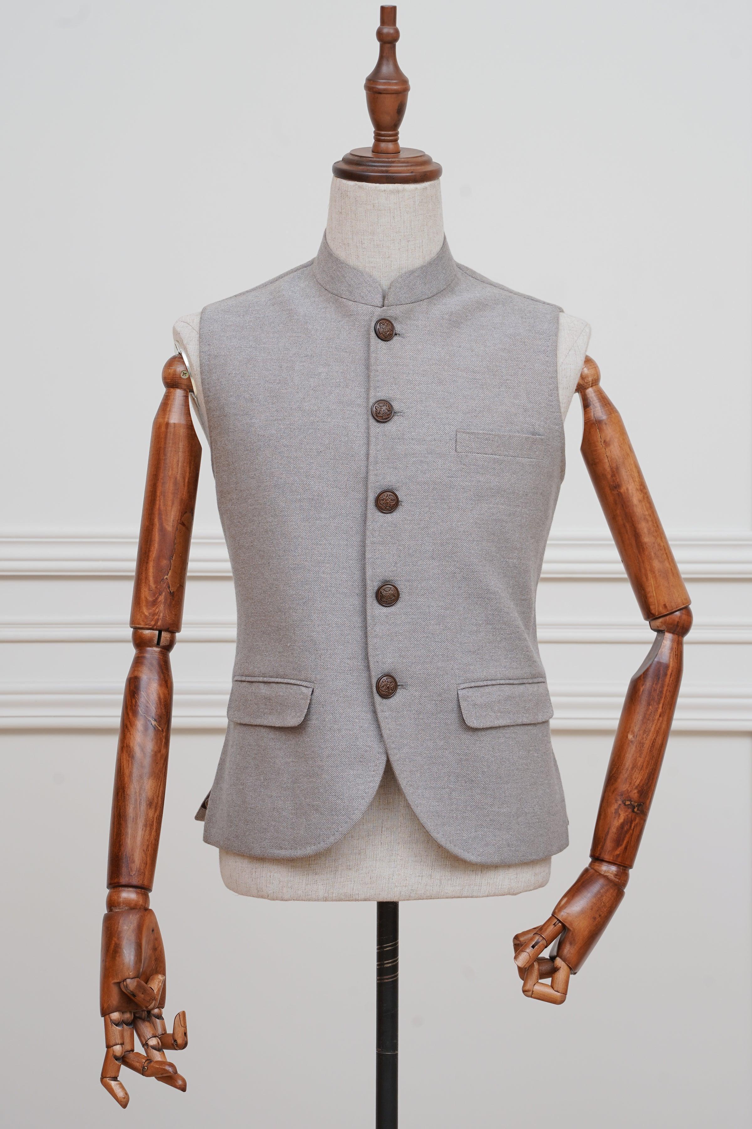 Waistcoat with stand collar, six button front and two flap pockets, tailored fit