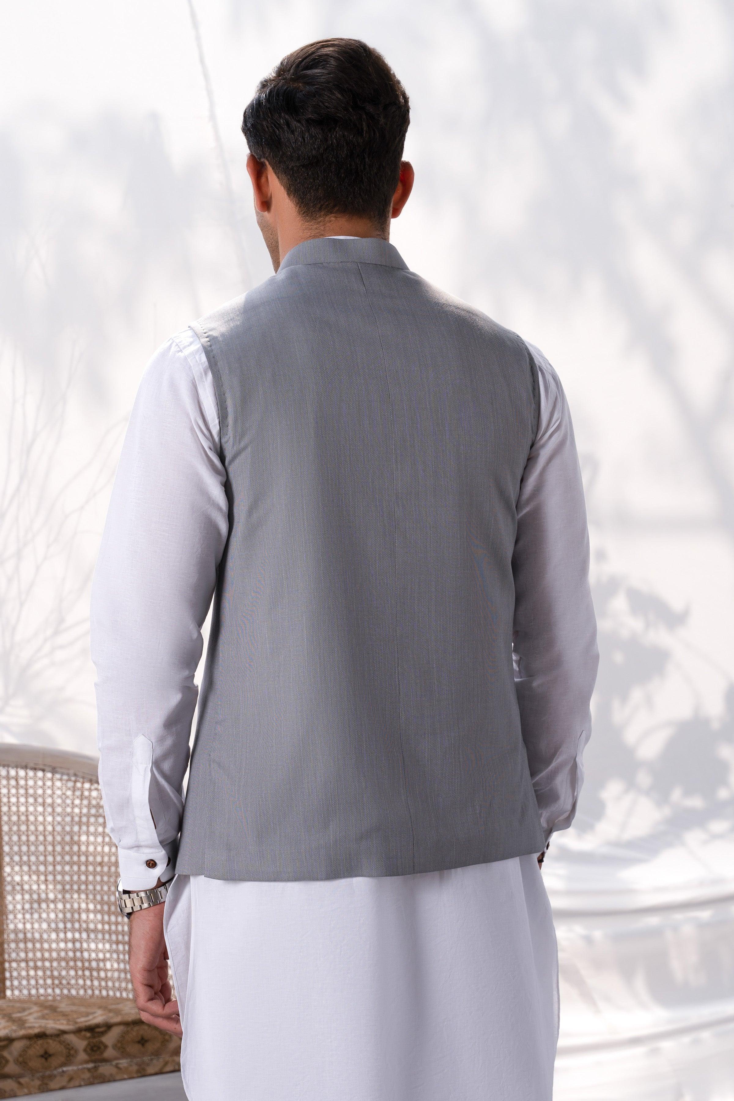 Light grey back of waistcoat with central seam and stand collar