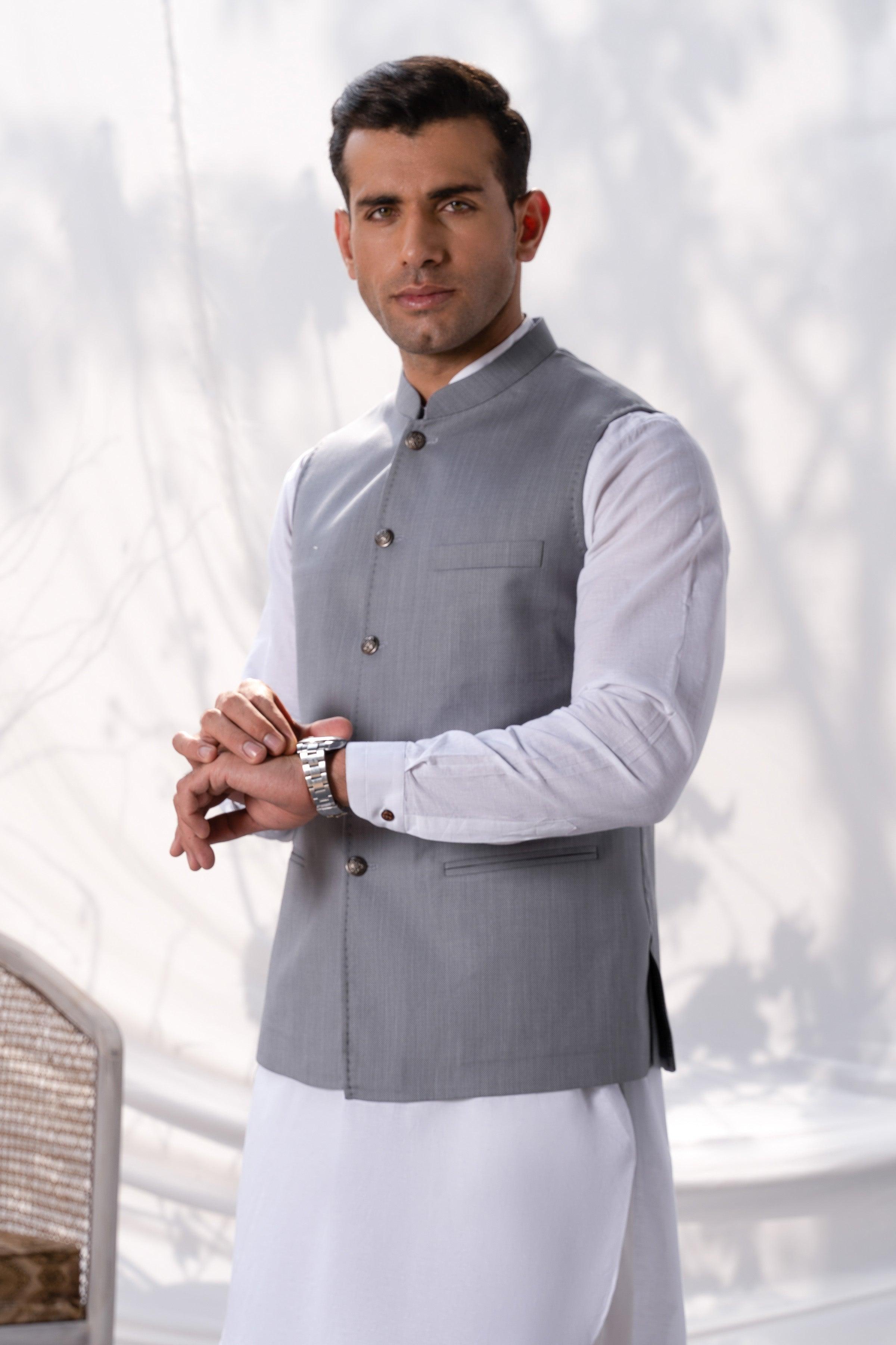 Light grey textured waistcoat with stand collar, front buttons, and chest pocket