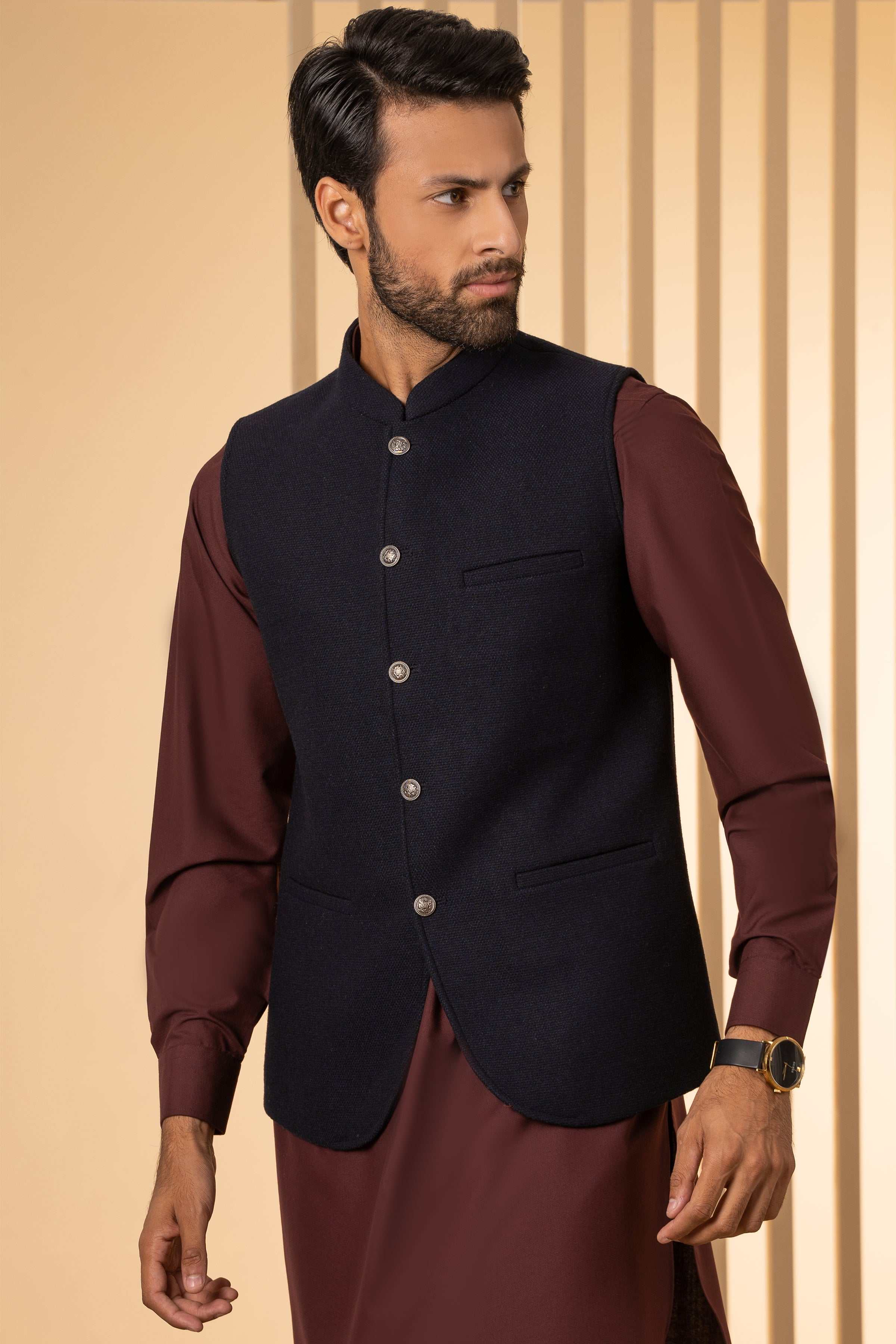 Men's dark navy waistcoat, stand collar, silver buttons, side patch pocket