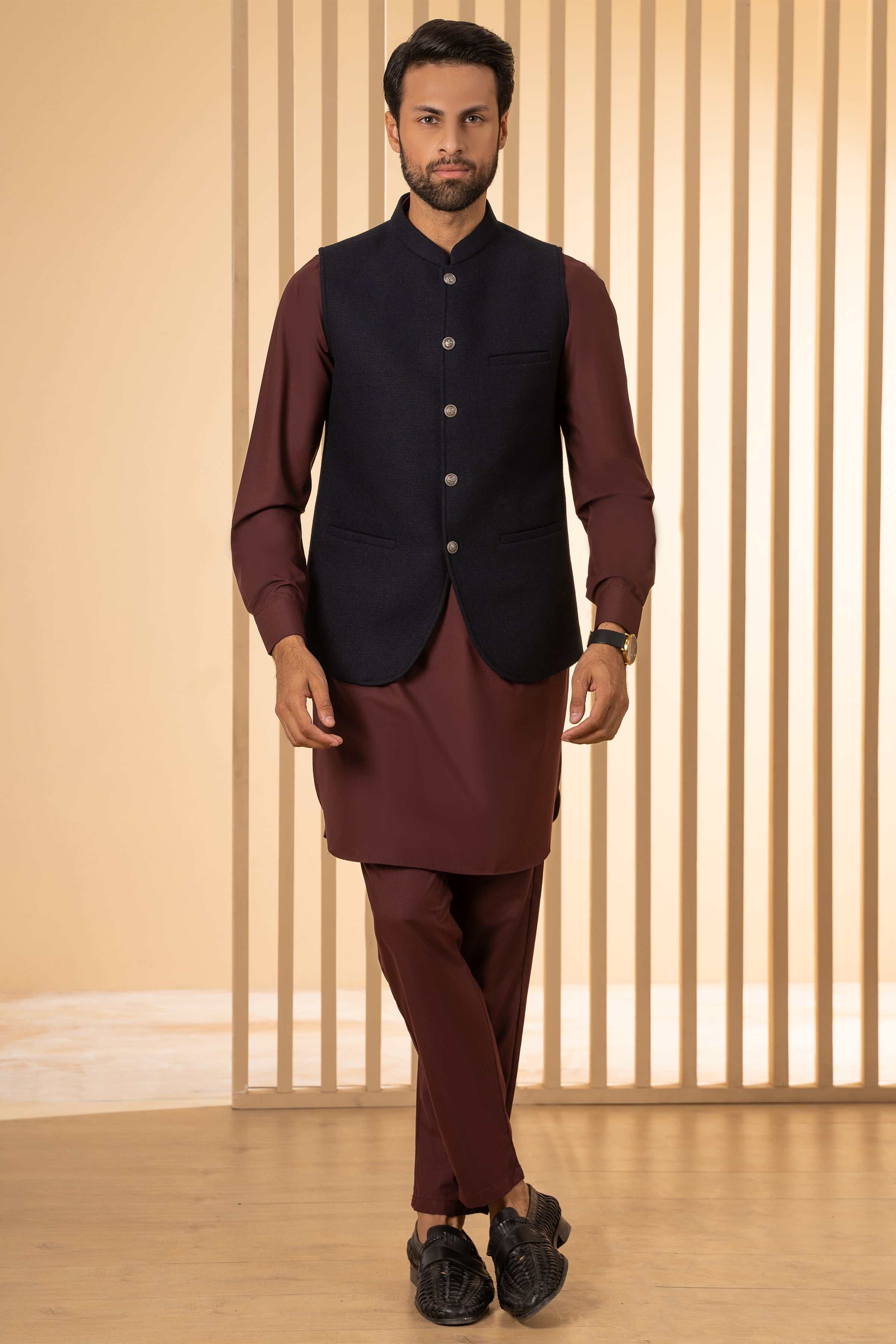 Men's dark navy button-front waistcoat with stand collar and patch pocket