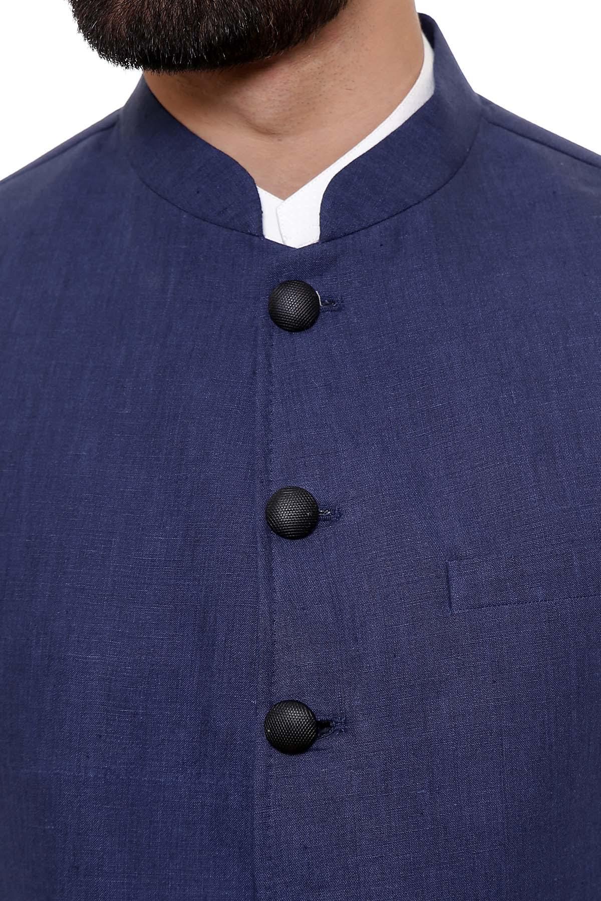Navy blue waistcoat neckline detail with three black buttons and textured fabric