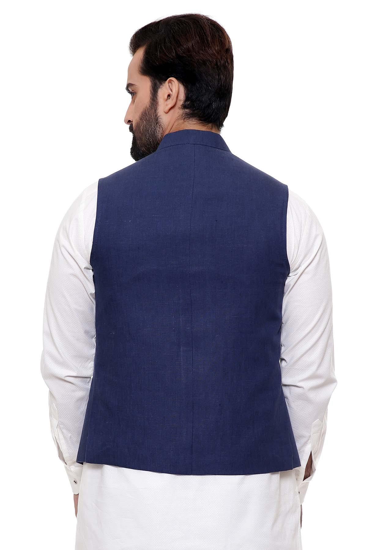 Navy blue waistcoat back view with full-length button placket and shoulder yoke