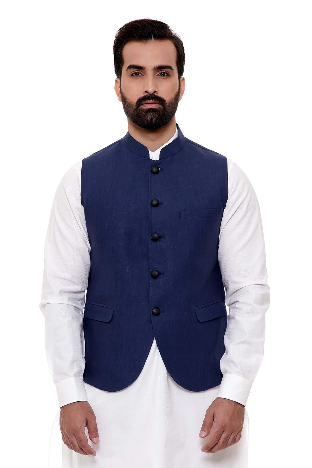 Navy blue waistcoat with four-button front and stand collar, side pockets