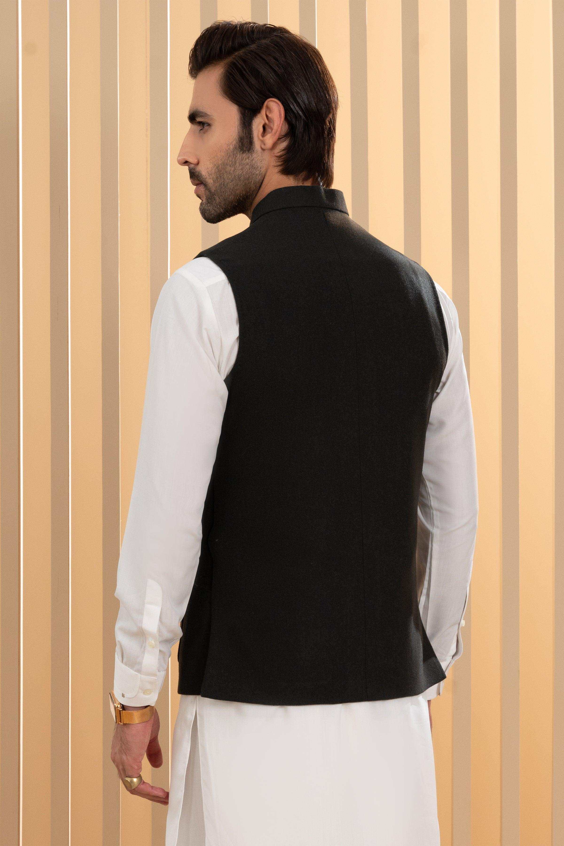 Navy waistcoat back view with dark sleeveless panel