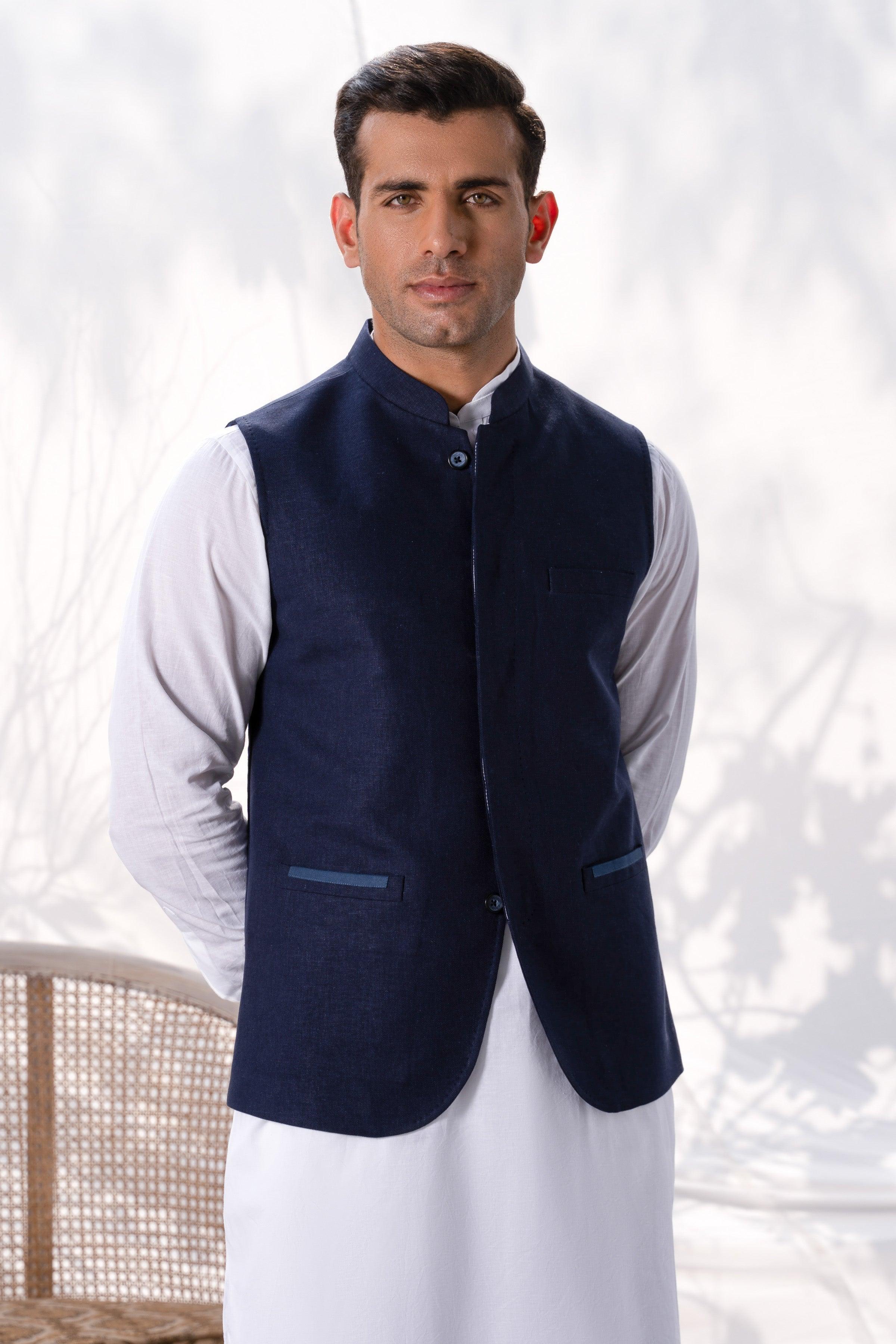 Navy sleeveless waistcoat with front button closure and two side welt pockets