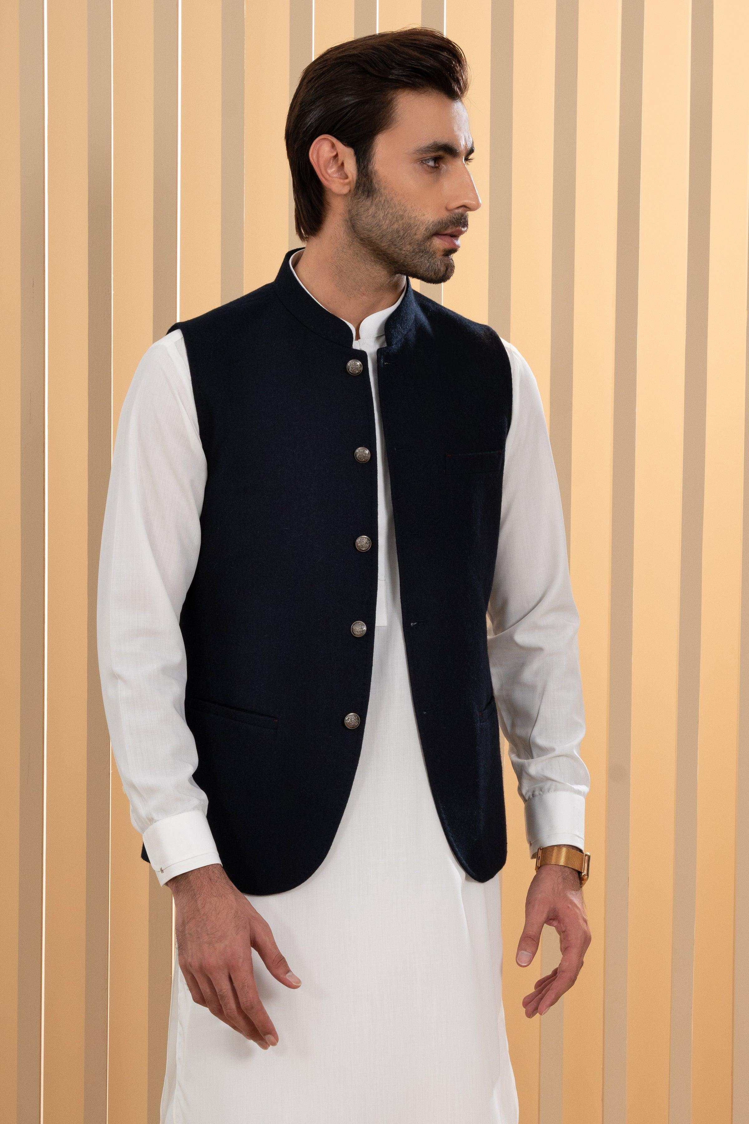 Navy waistcoat with button front and notch lapels