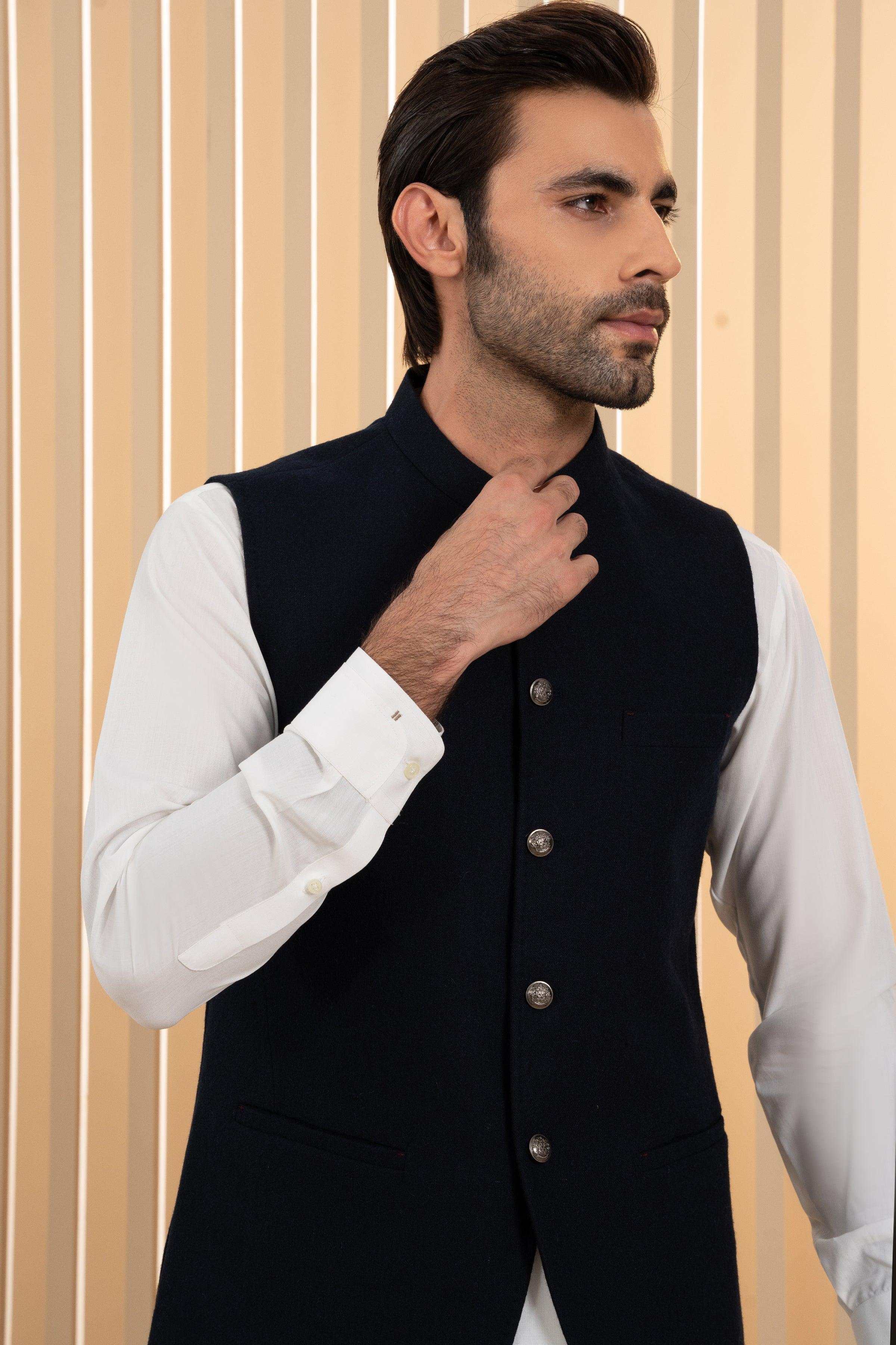 Navy waistcoat with silver-tone button placket