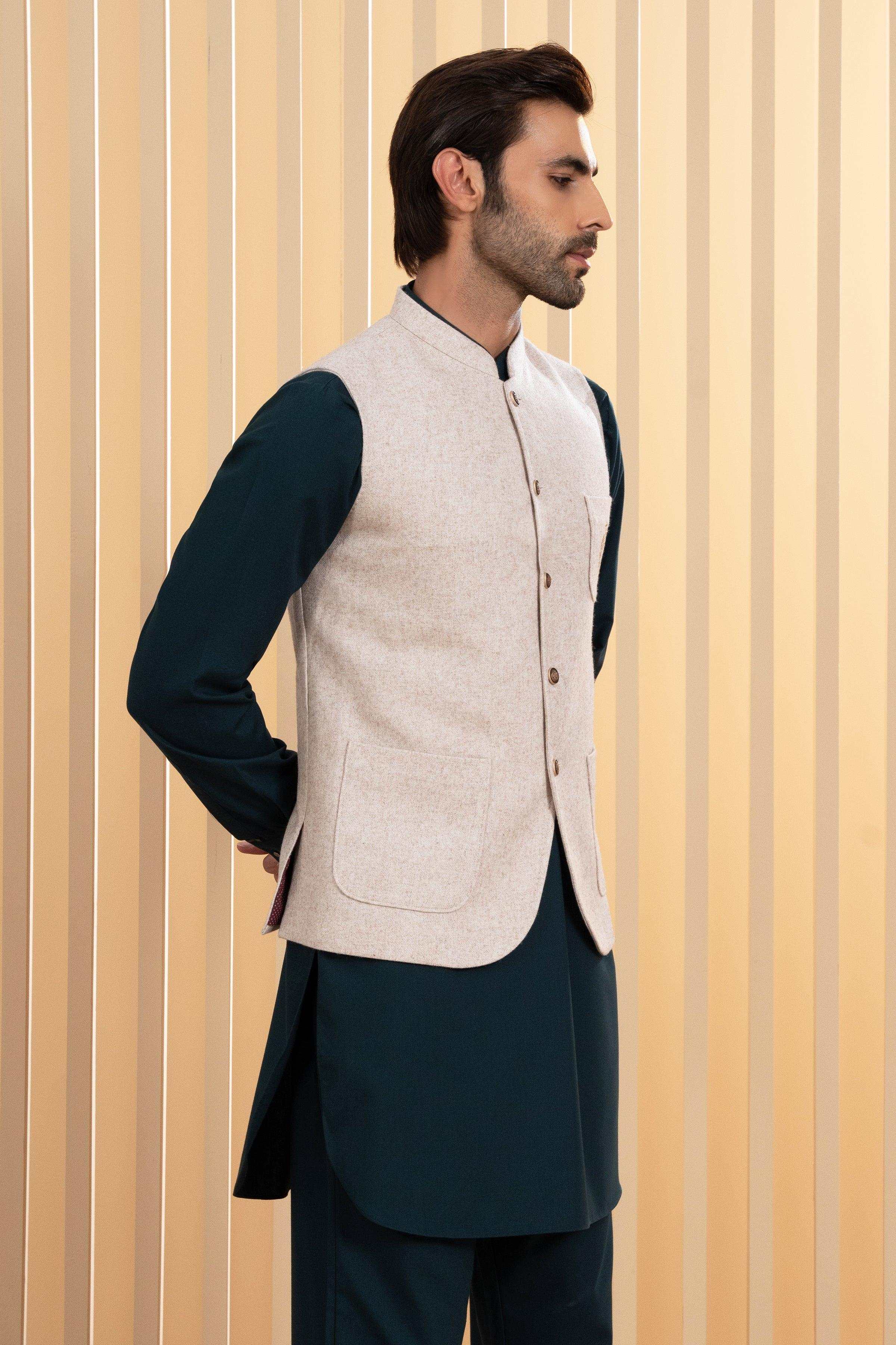 Men's oatmeal waistcoat with stand collar and button-front, side profile