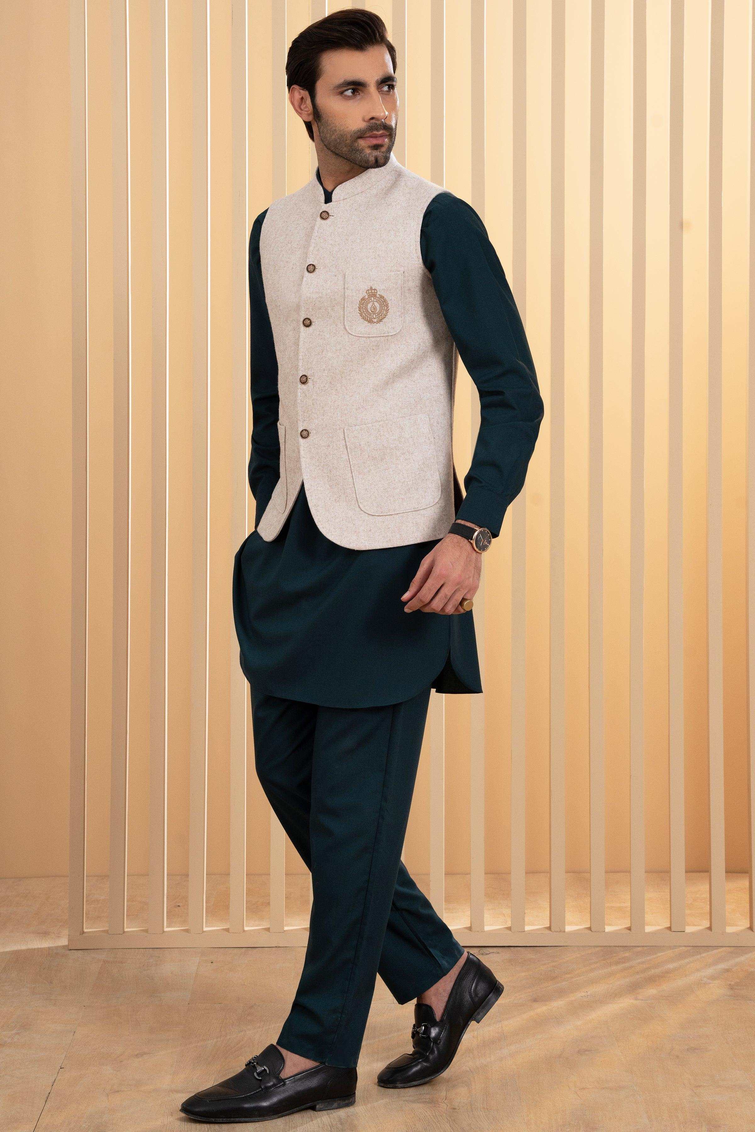 Oatmeal waistcoat with button-front and stand collar, welt pocket