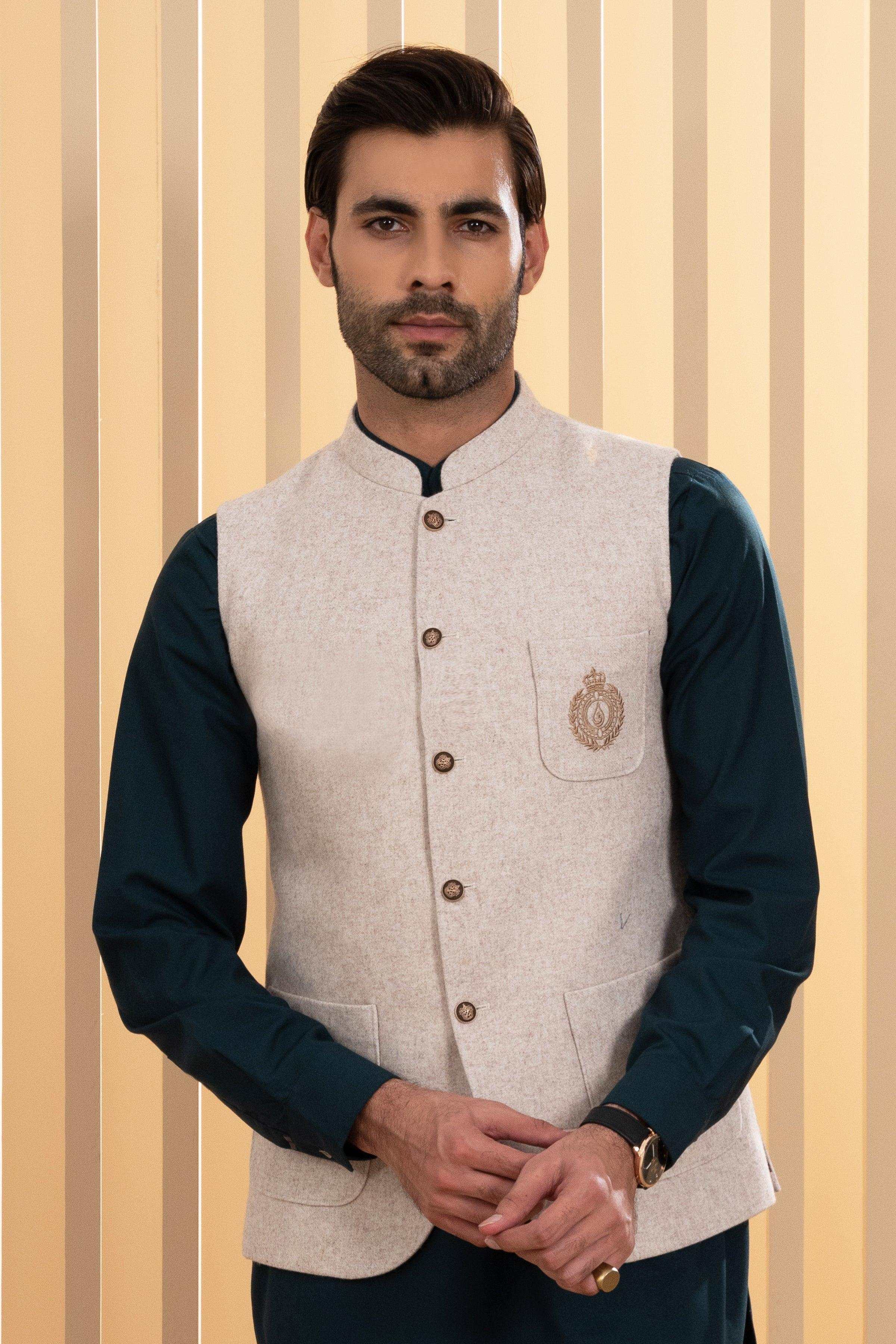 Men's oatmeal waistcoat with stand collar, gold-tone buttons, chest pocket