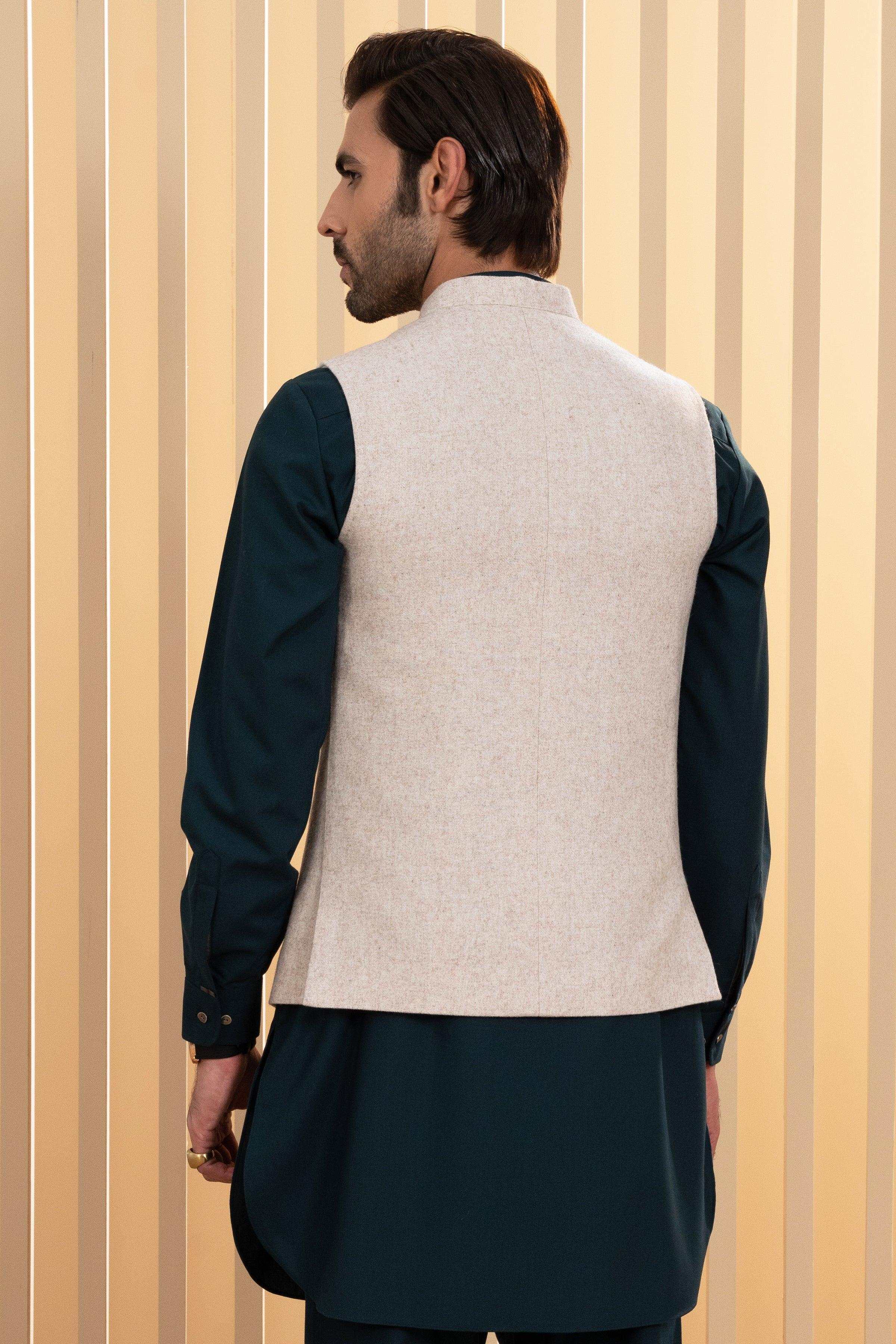 Oatmeal waistcoat back view with tailored cut