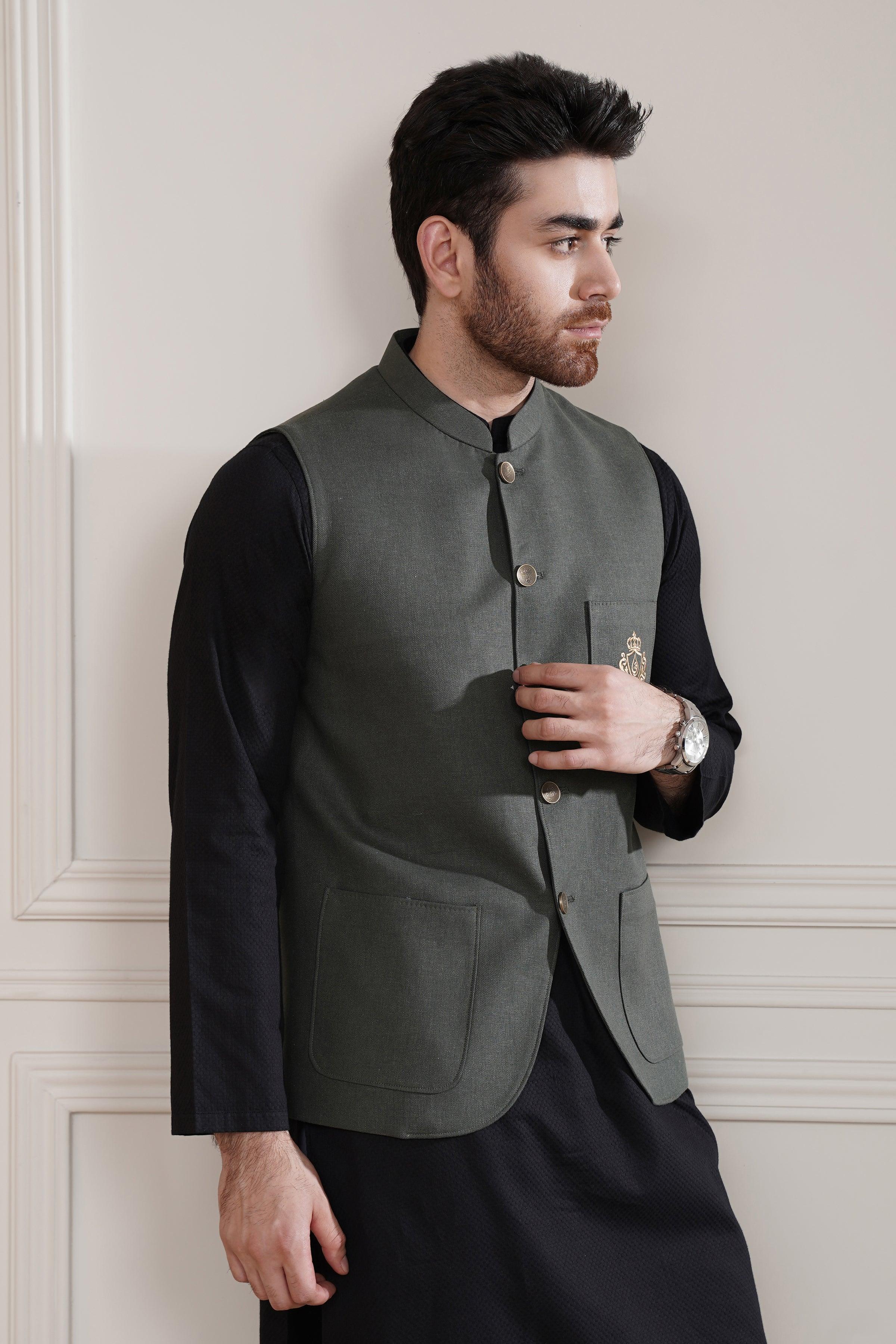 WAISTCOAT OLIVE at Charcoal Clothing
