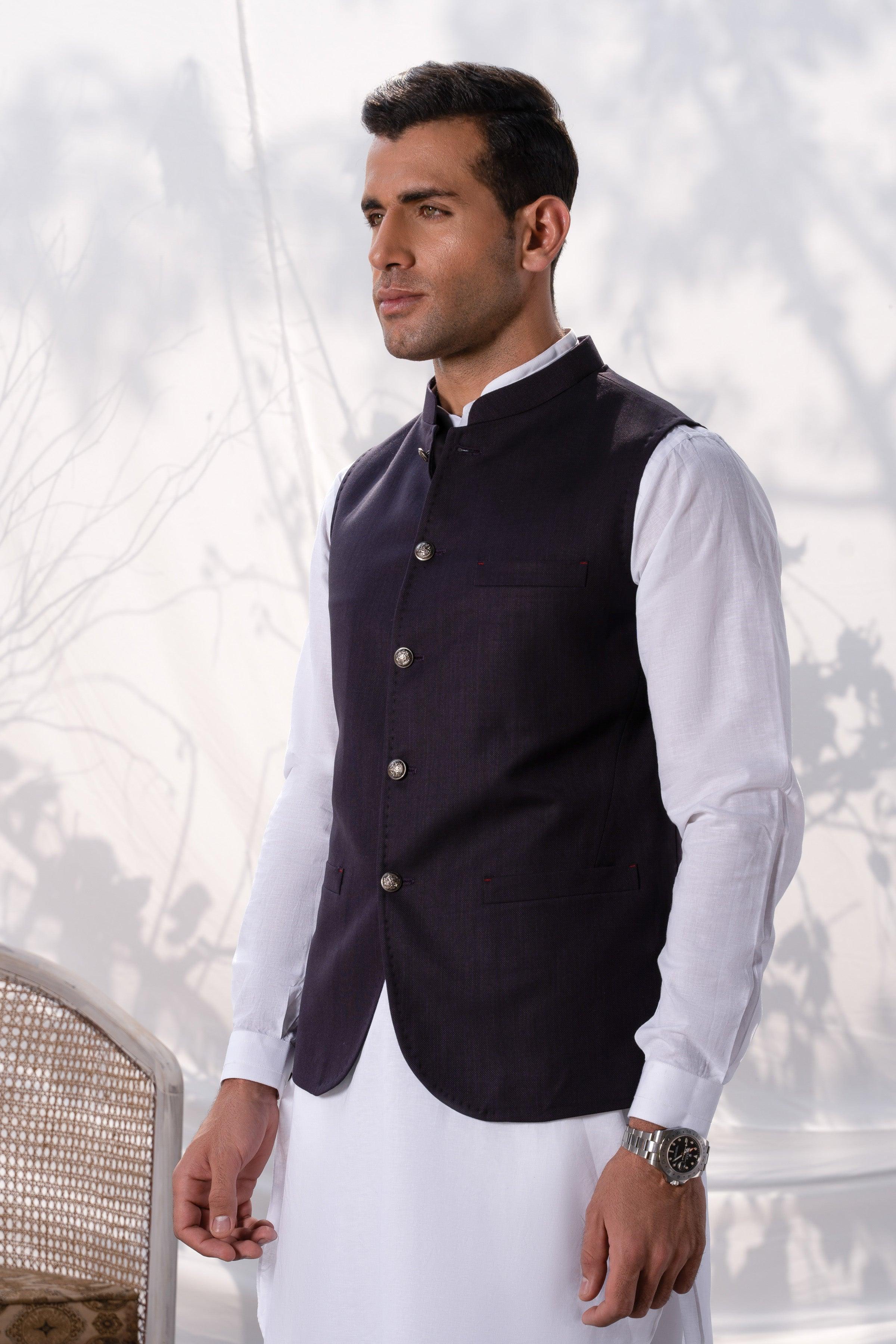 Plum waistcoat vest with notched lapels, front buttons, and chest pocket