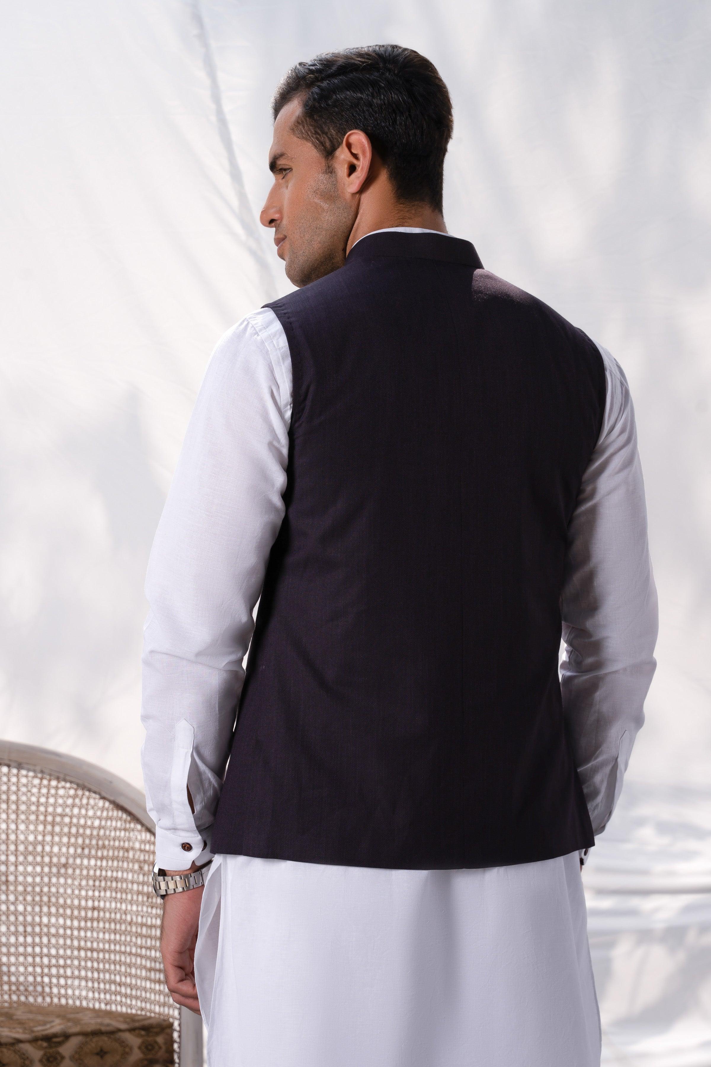 Plum waistcoat with sleeveless back view and buttoned front hem