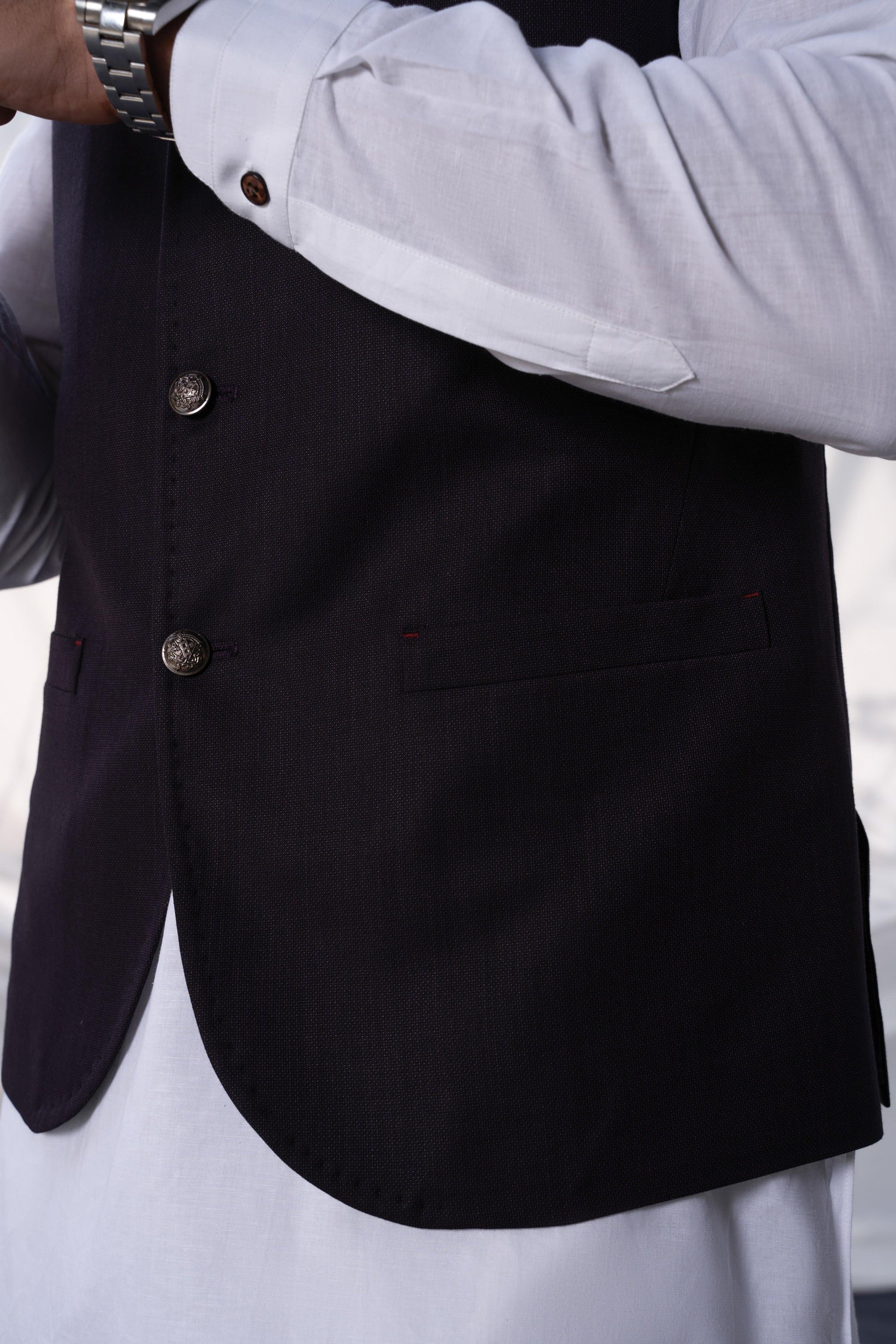 Plum waistcoat front with button placket and welt pocket detail