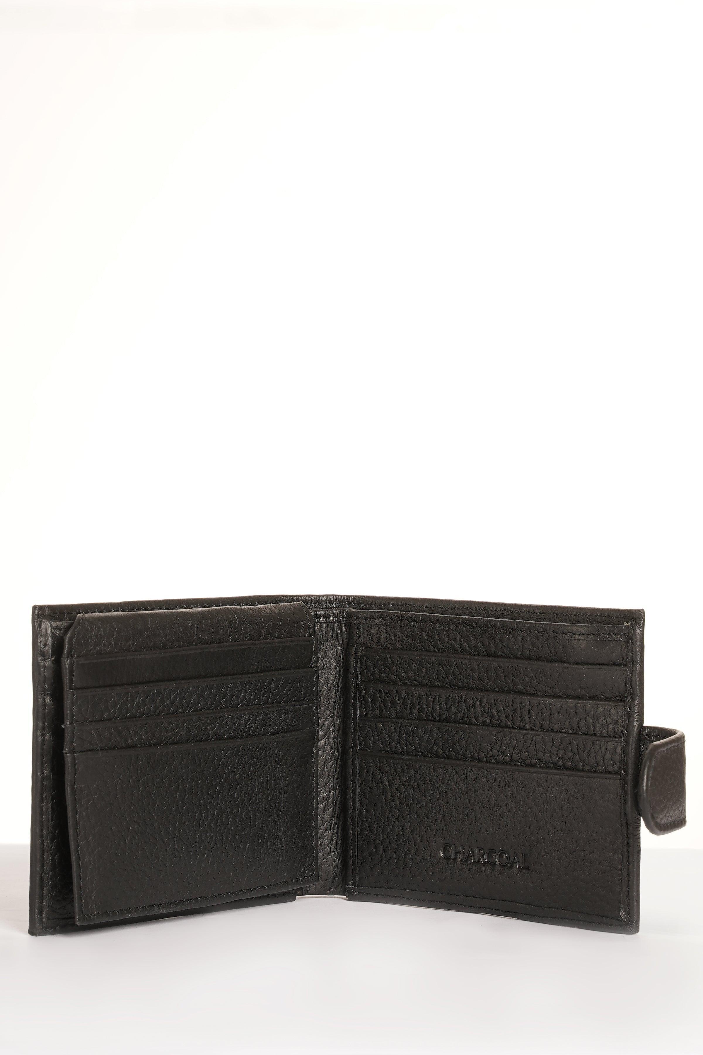 Black leather bifold wallet interior with card slots and center divider
