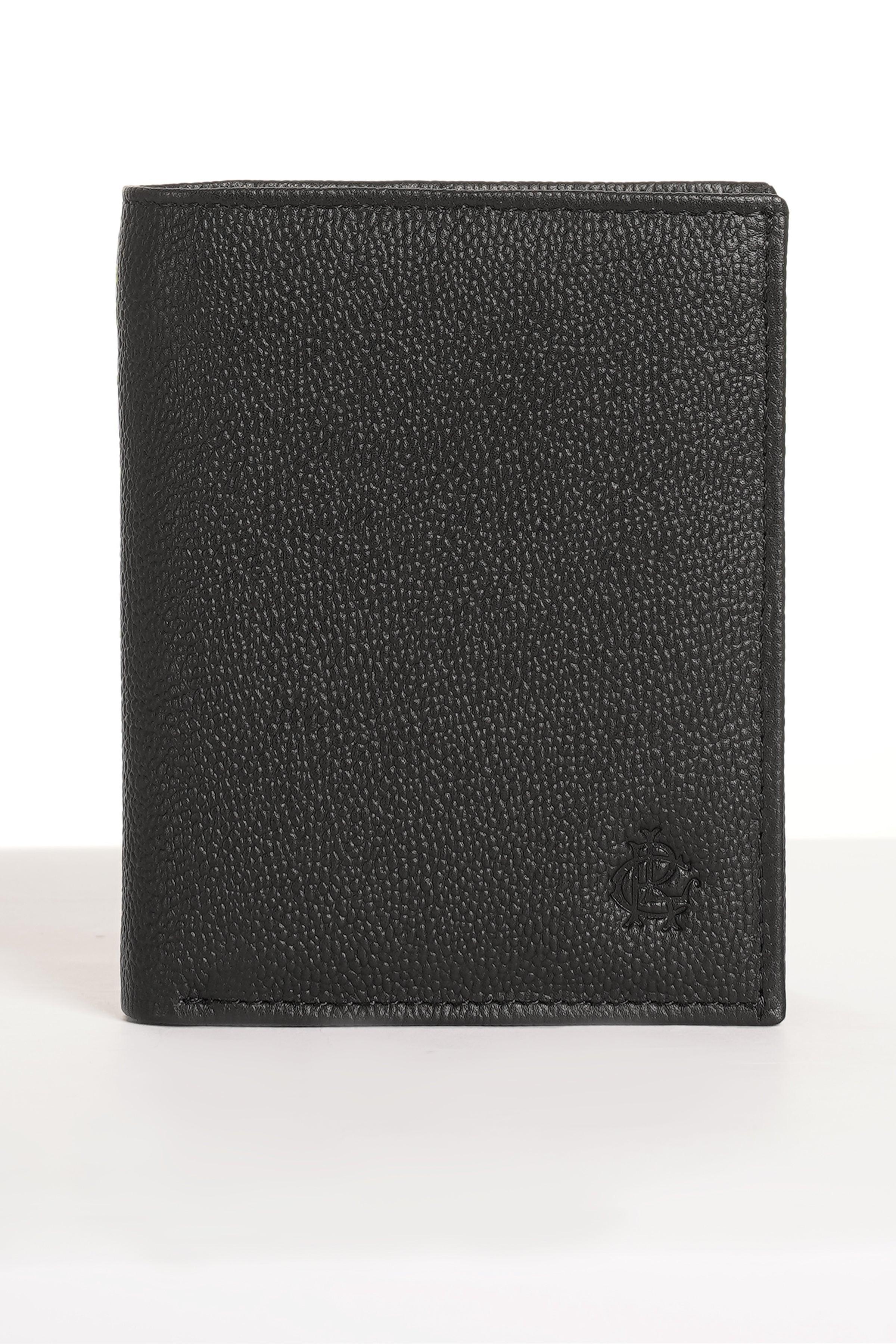 Black leather wallet with embossed logo, front view