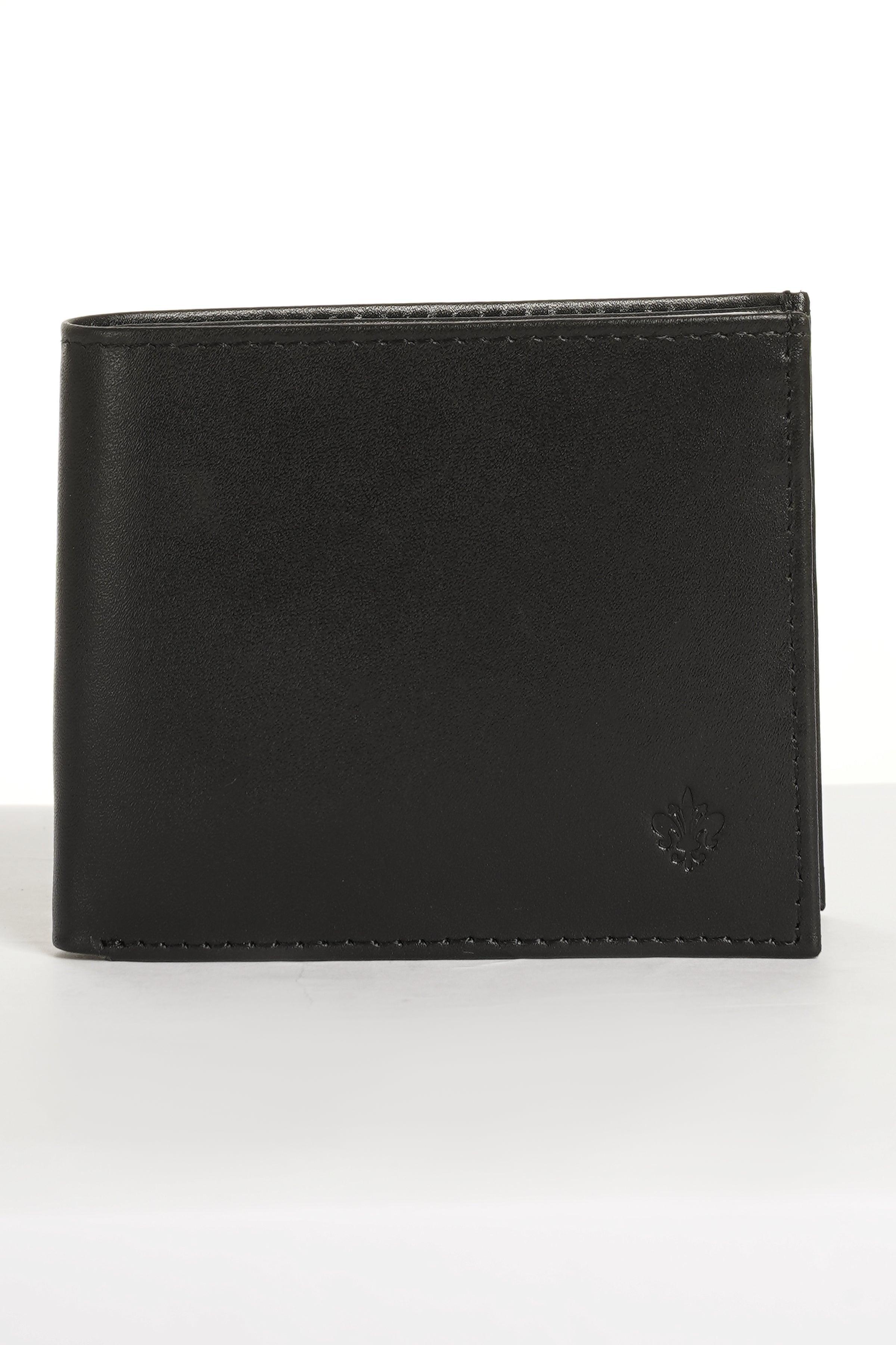 Black bifold wallet with stitched edges and small front emblem