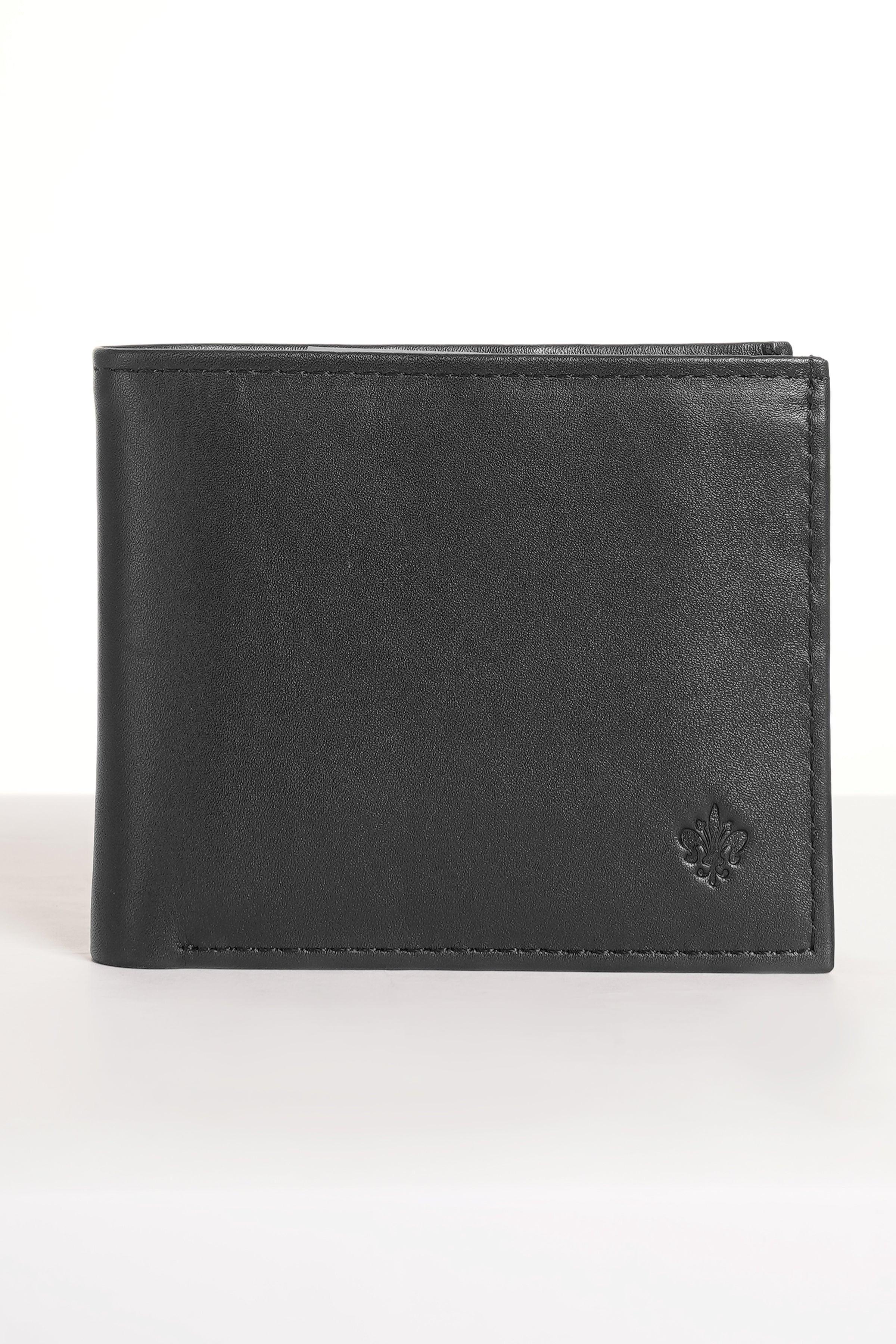 Black leather wallet with stitched edges and embossed clover logo.