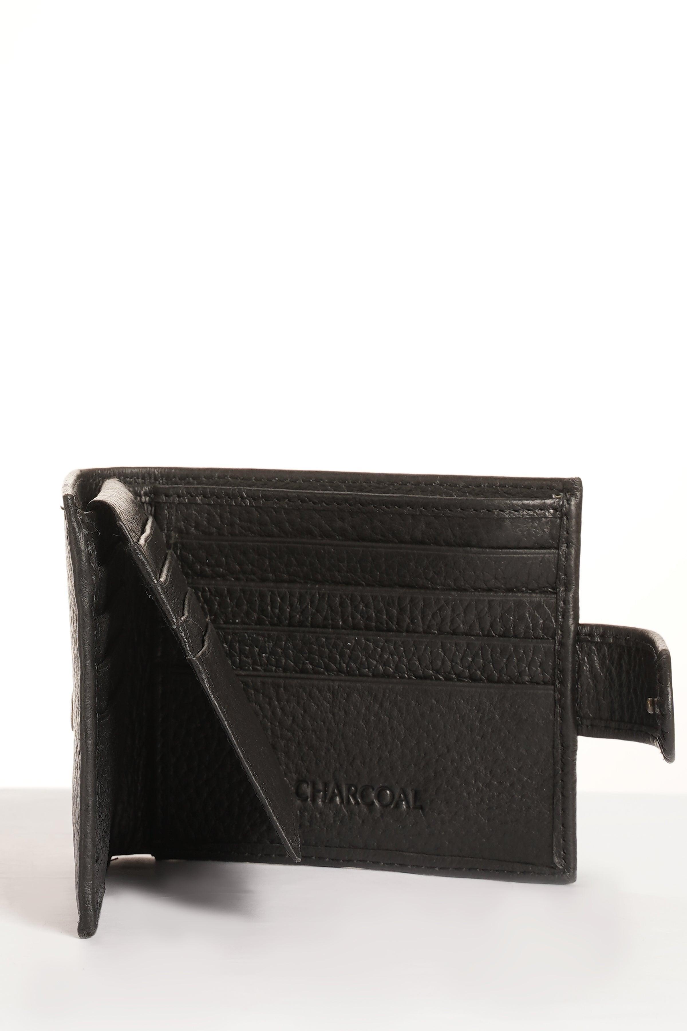 Black leather bifold wallet interior with card slots and CHARCOAL label