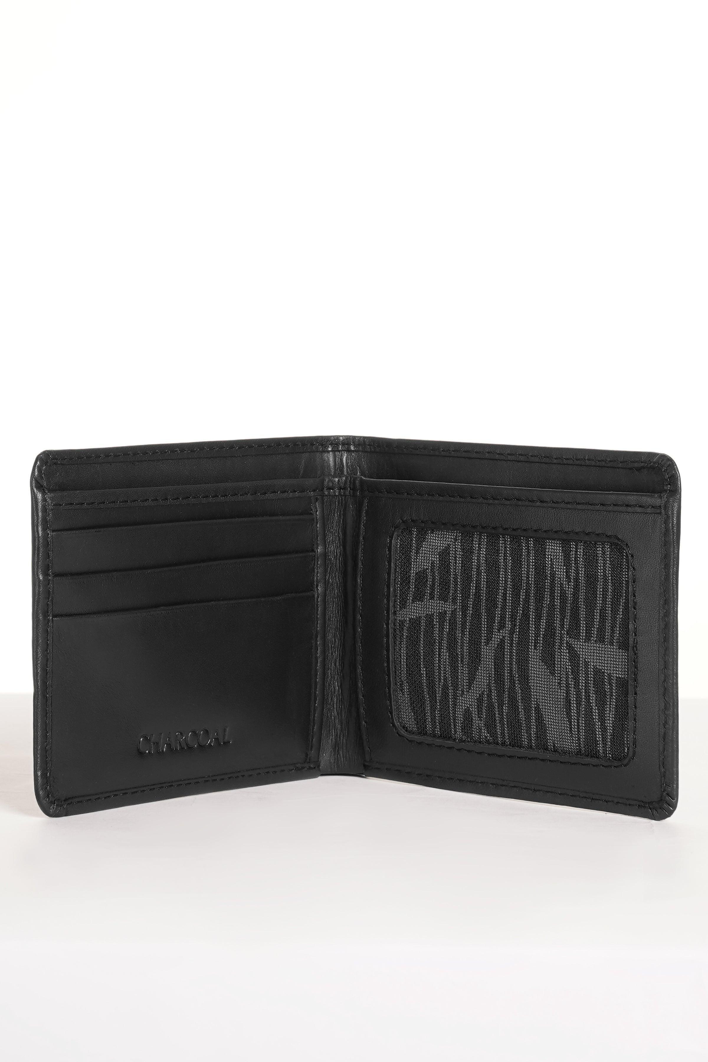 Black bifold wallet with card slots and central fold divider