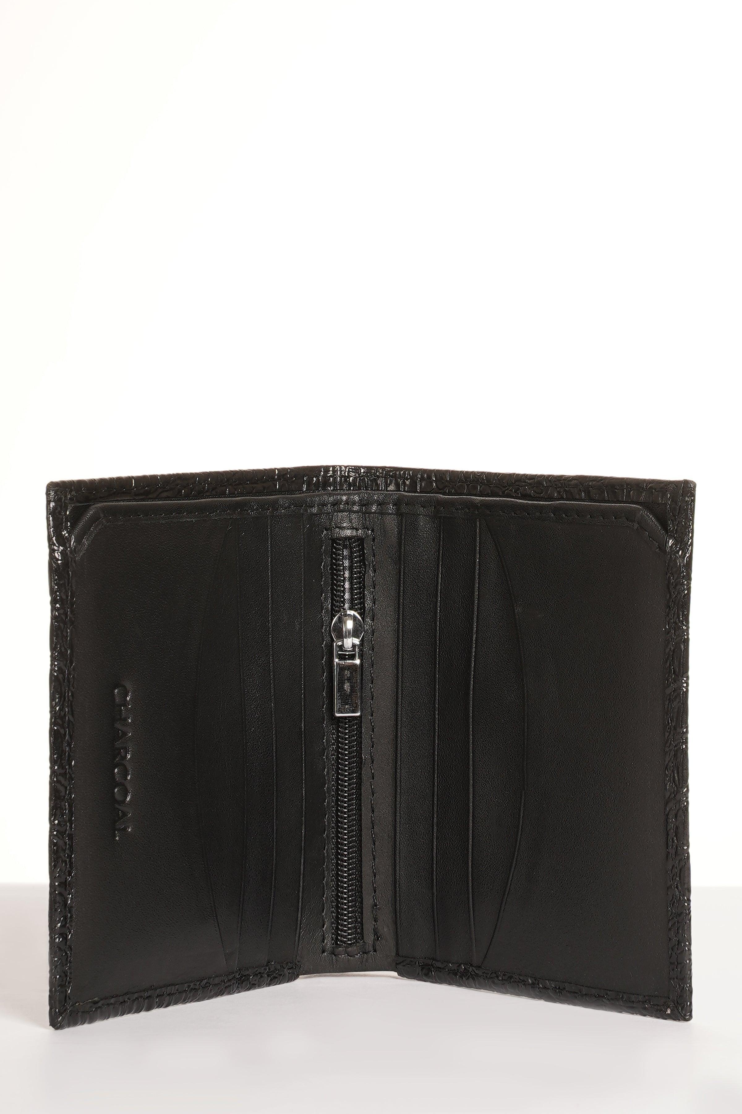 Black croc-textured bifold wallet, open view with center zipper pocket