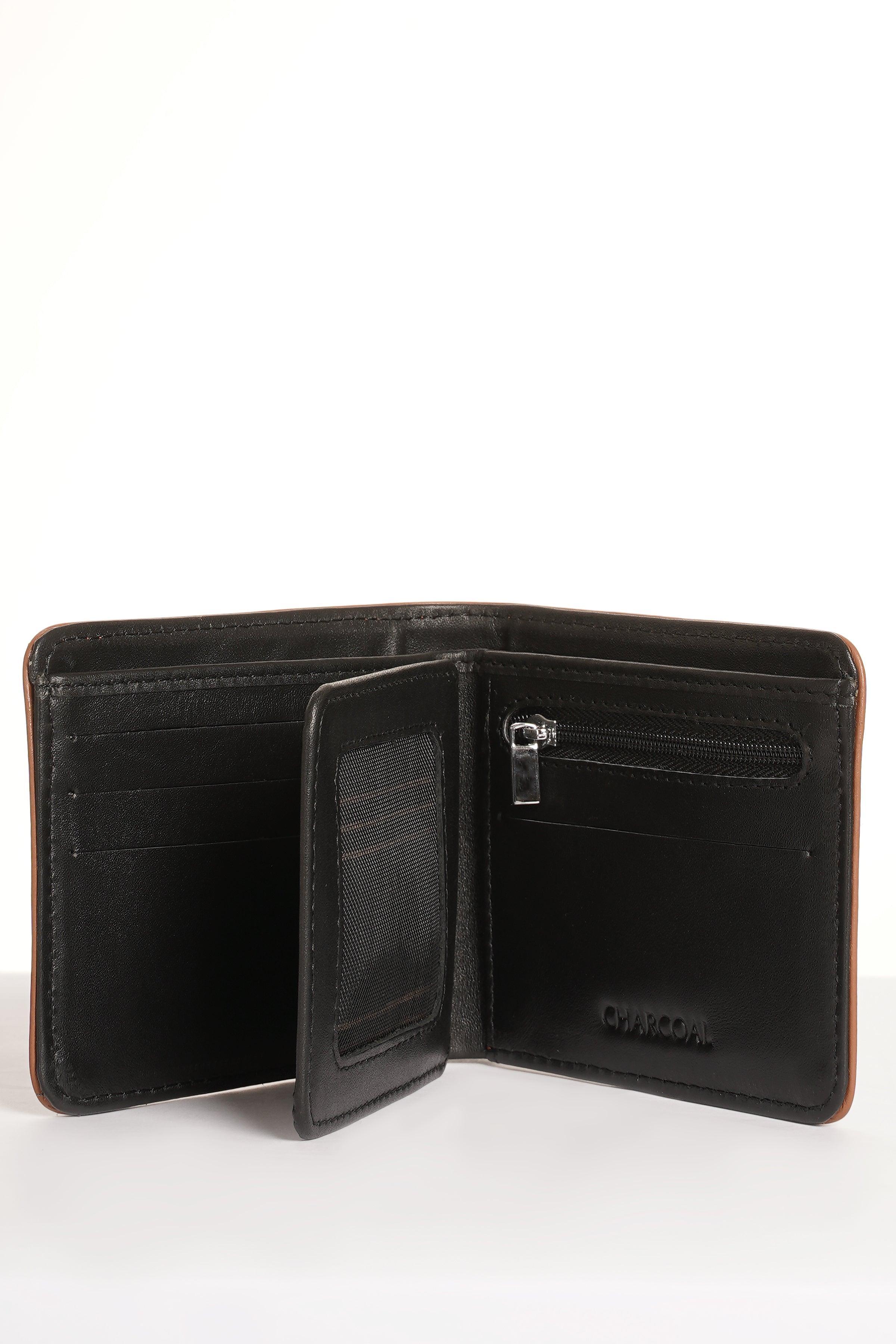 Black leather tri-fold wallet with card slots and zip pocket open