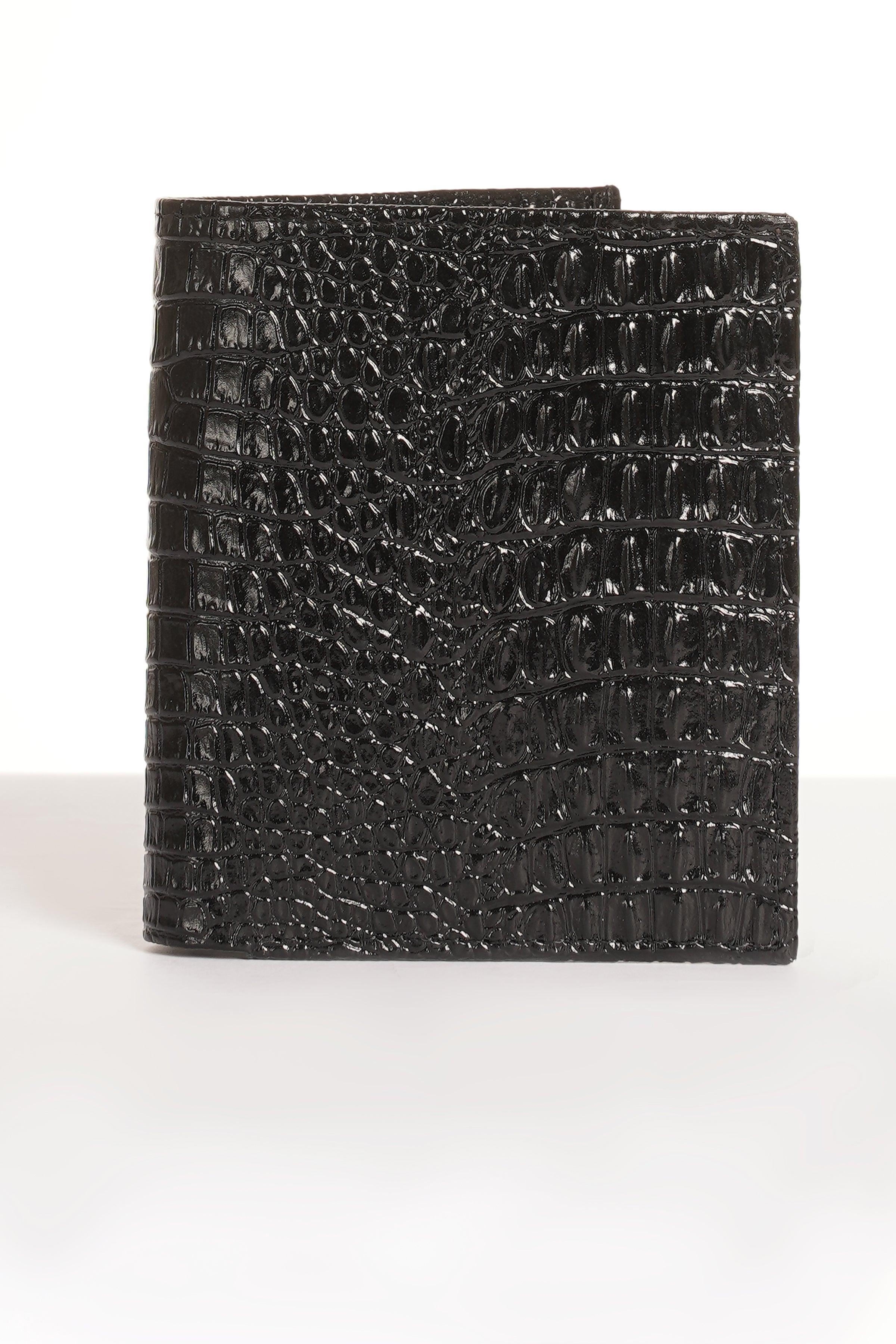 Black croc-textured bifold wallet with card slots, closed front