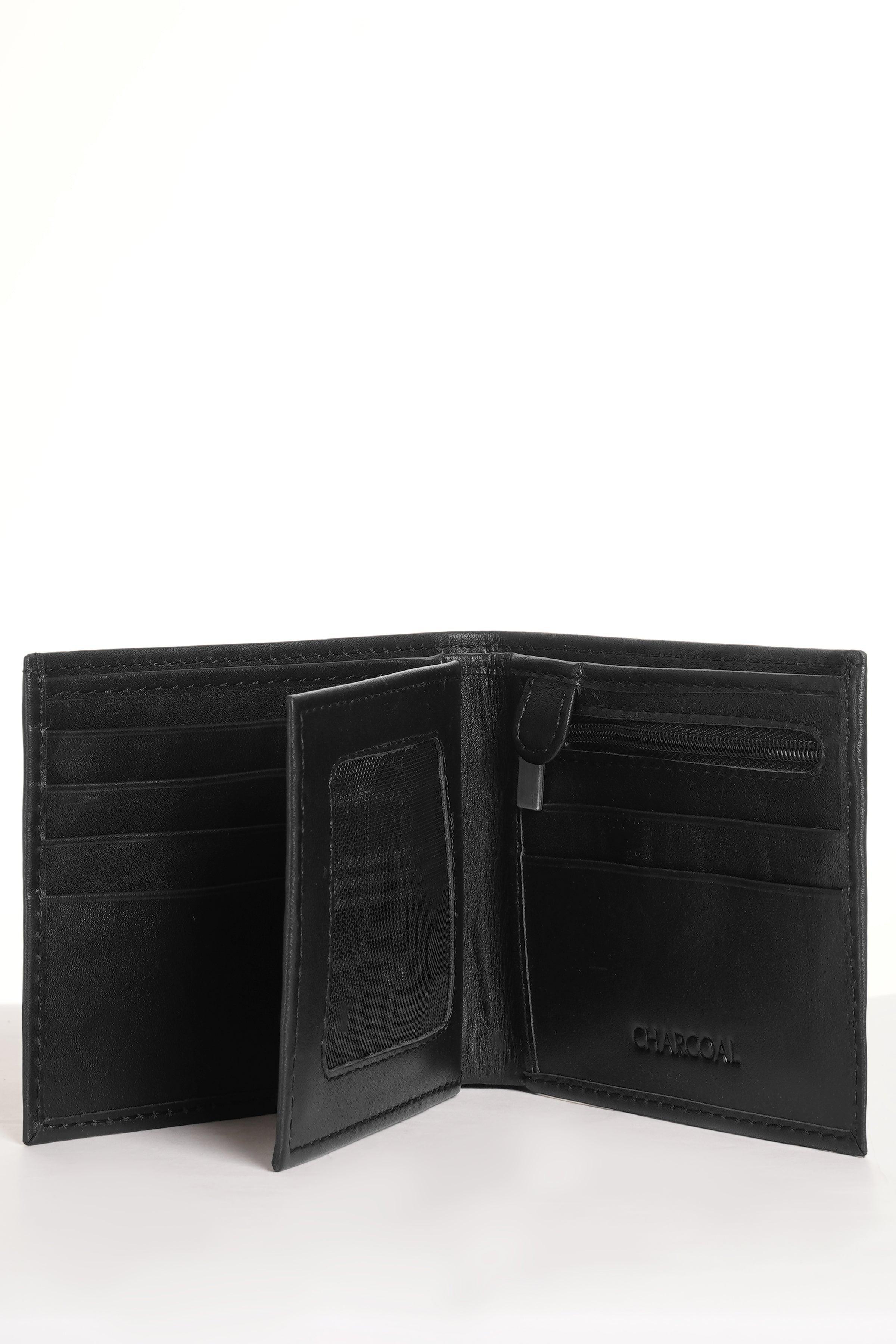 Black leather wallet open with card slots and an ID window pocket.