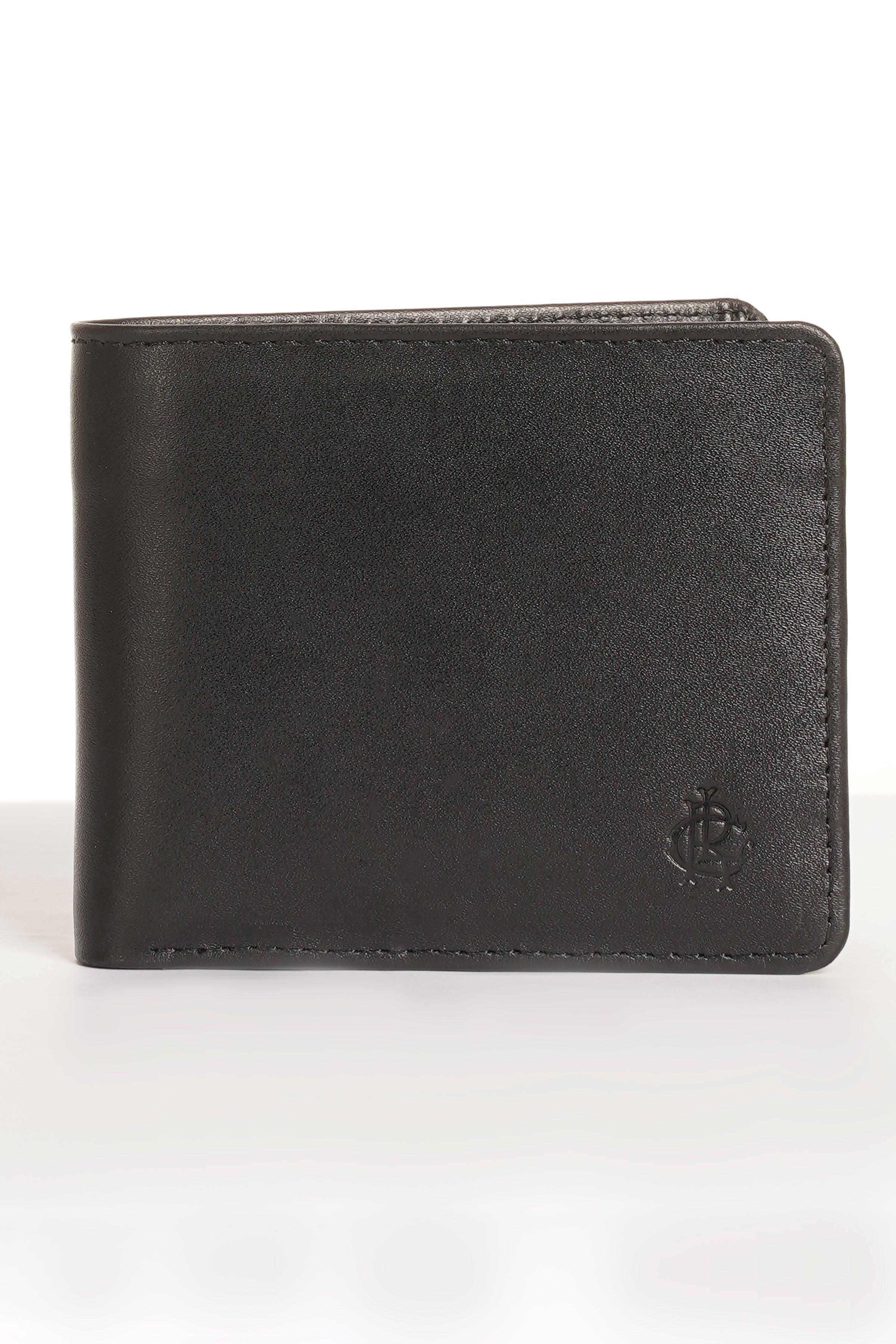 Black bifold leather wallet with stitched edges and small logo on front