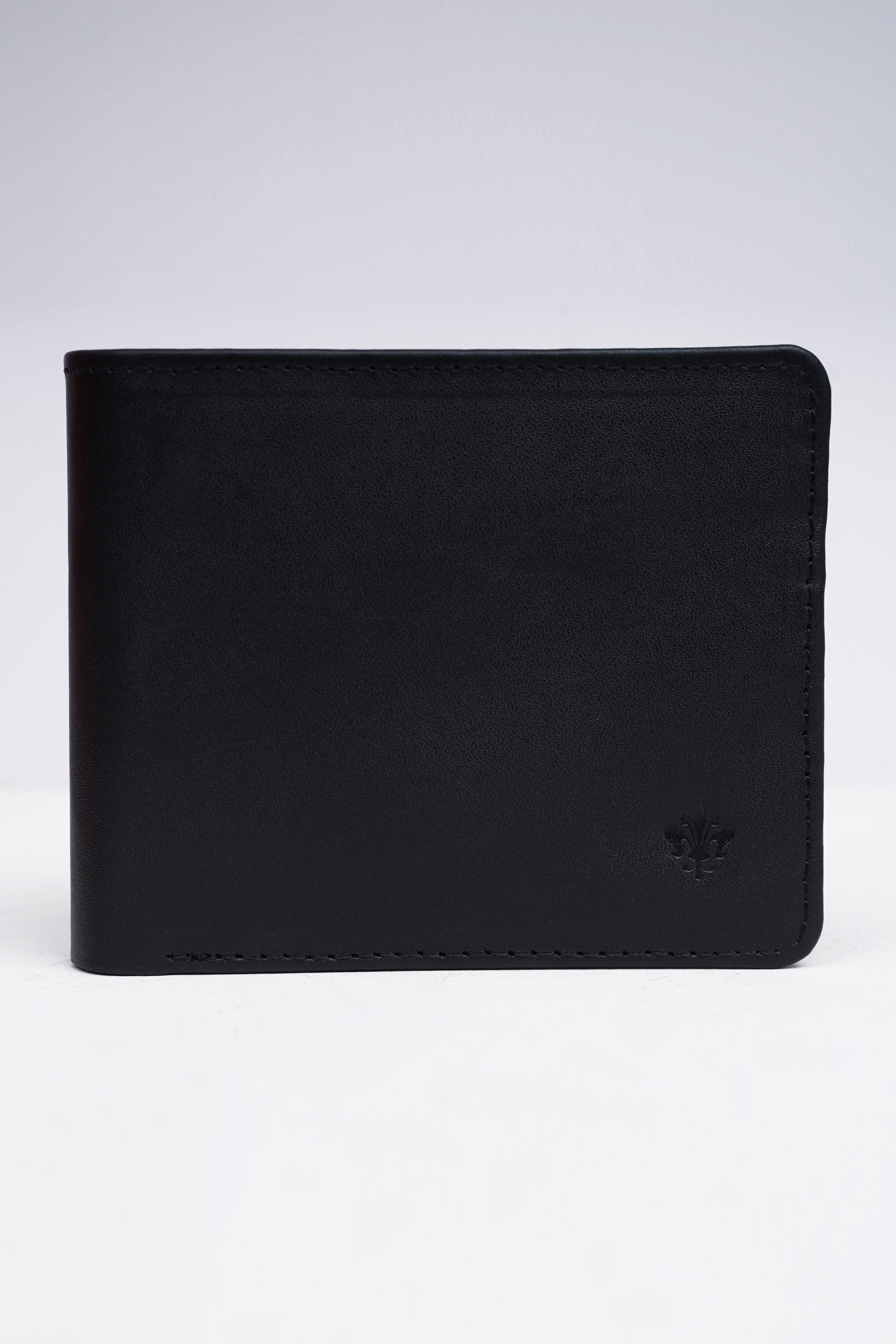 Black wallet with small embossed logo and stitched edges