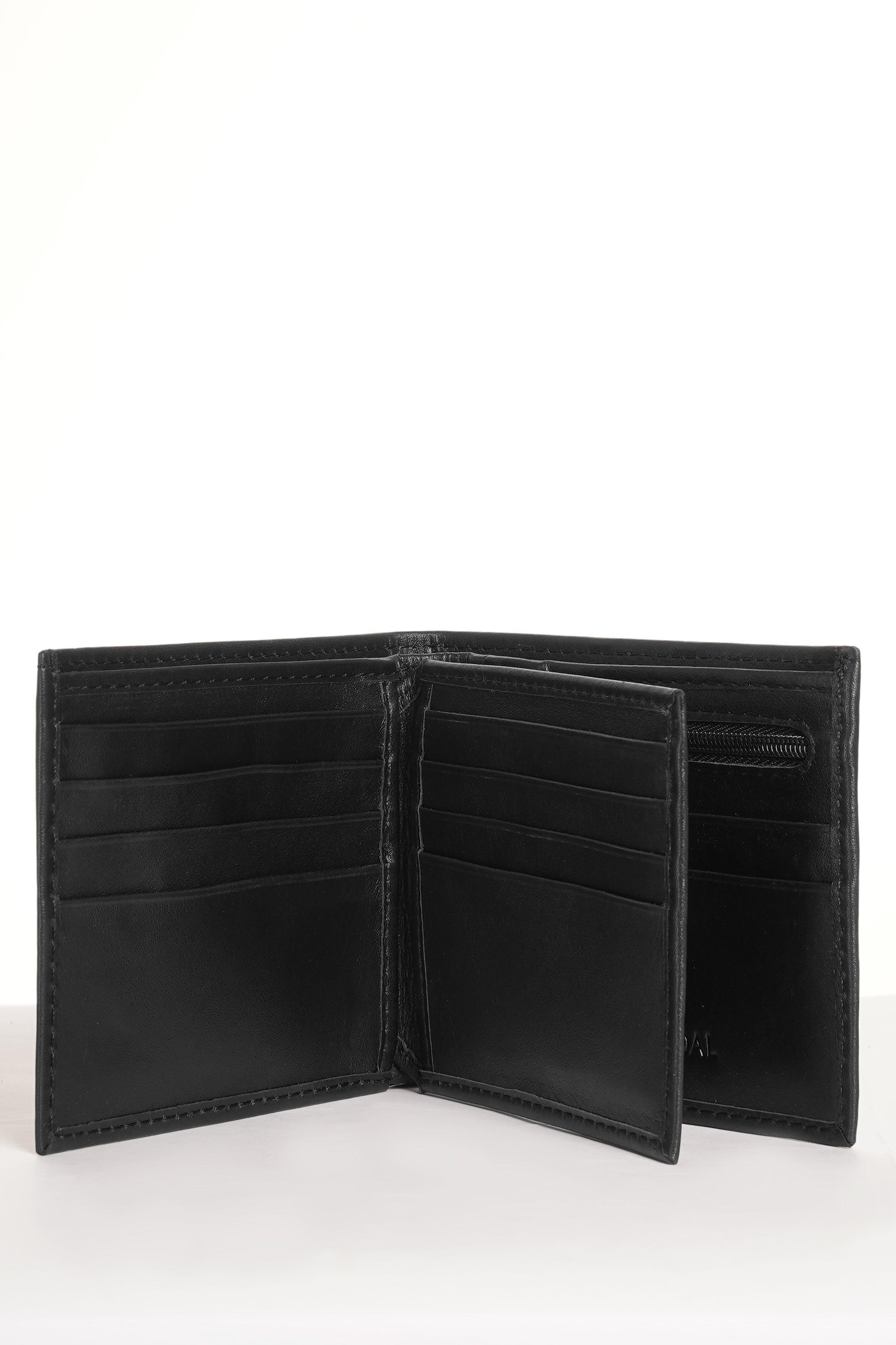 Black leather wallet opened to card slots and central money pocket.