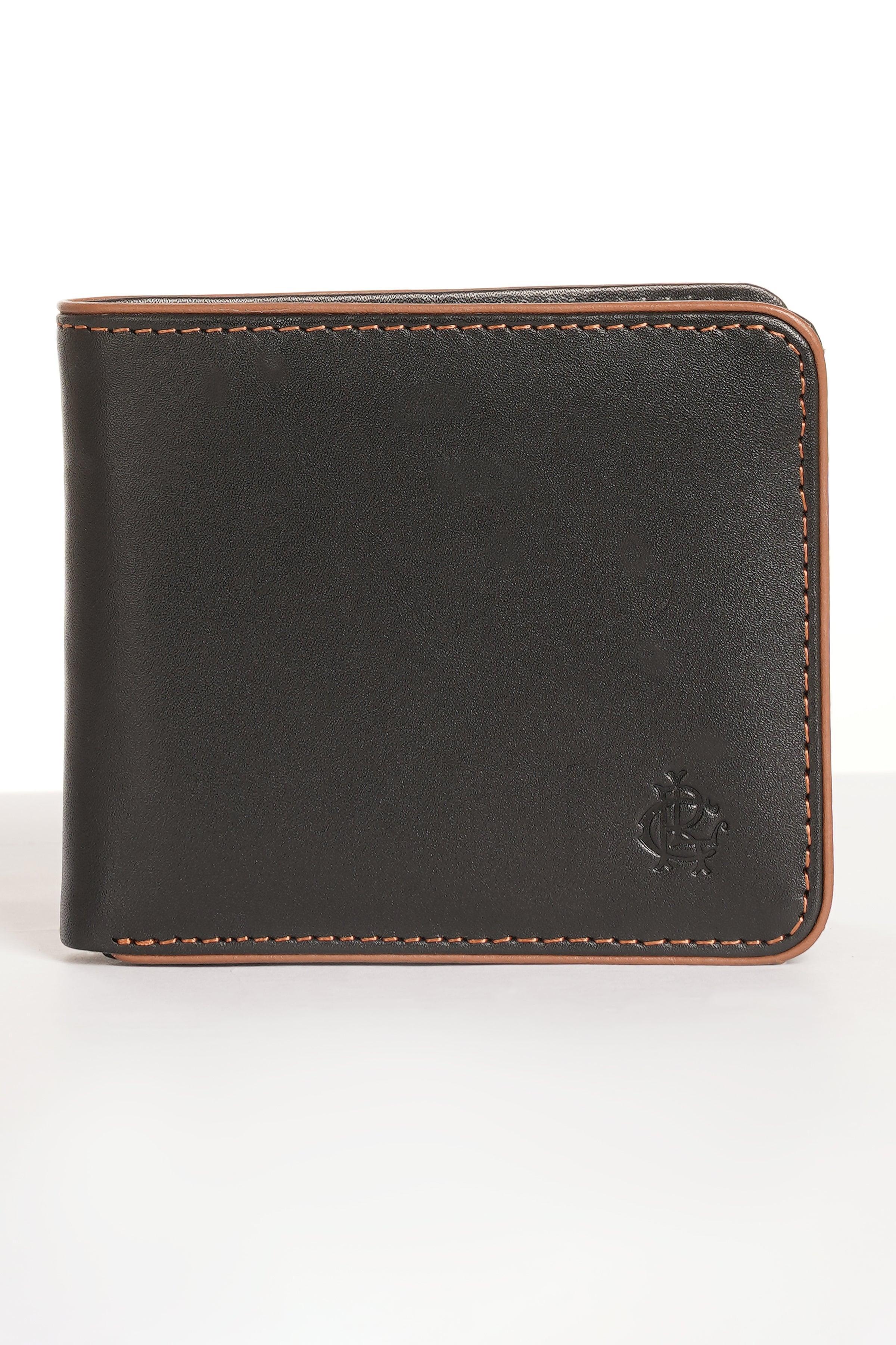 Black leather wallet with tan stitched edge and small logo patch