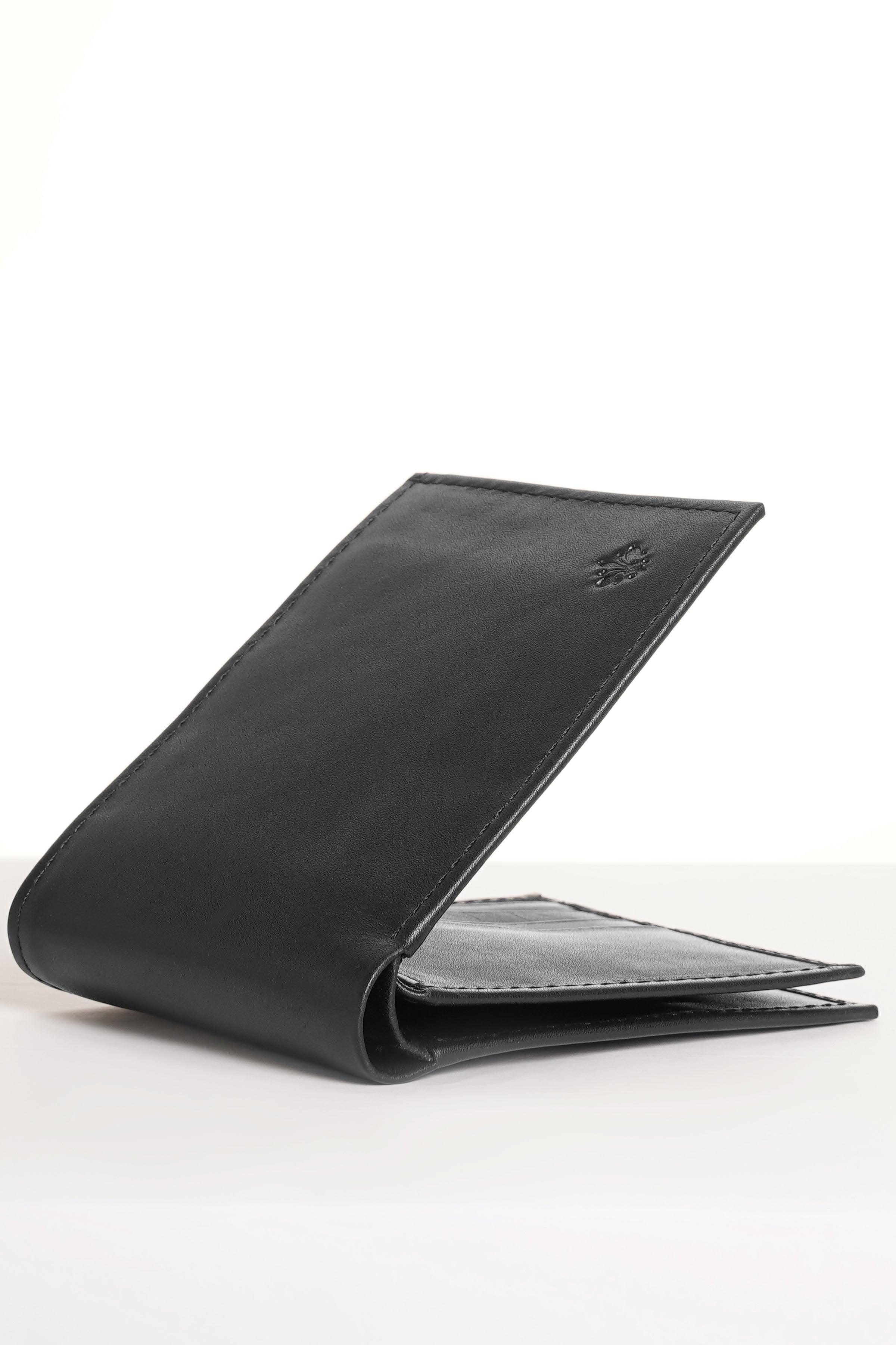 Black leather bi-fold wallet shown at an angle, partially open.