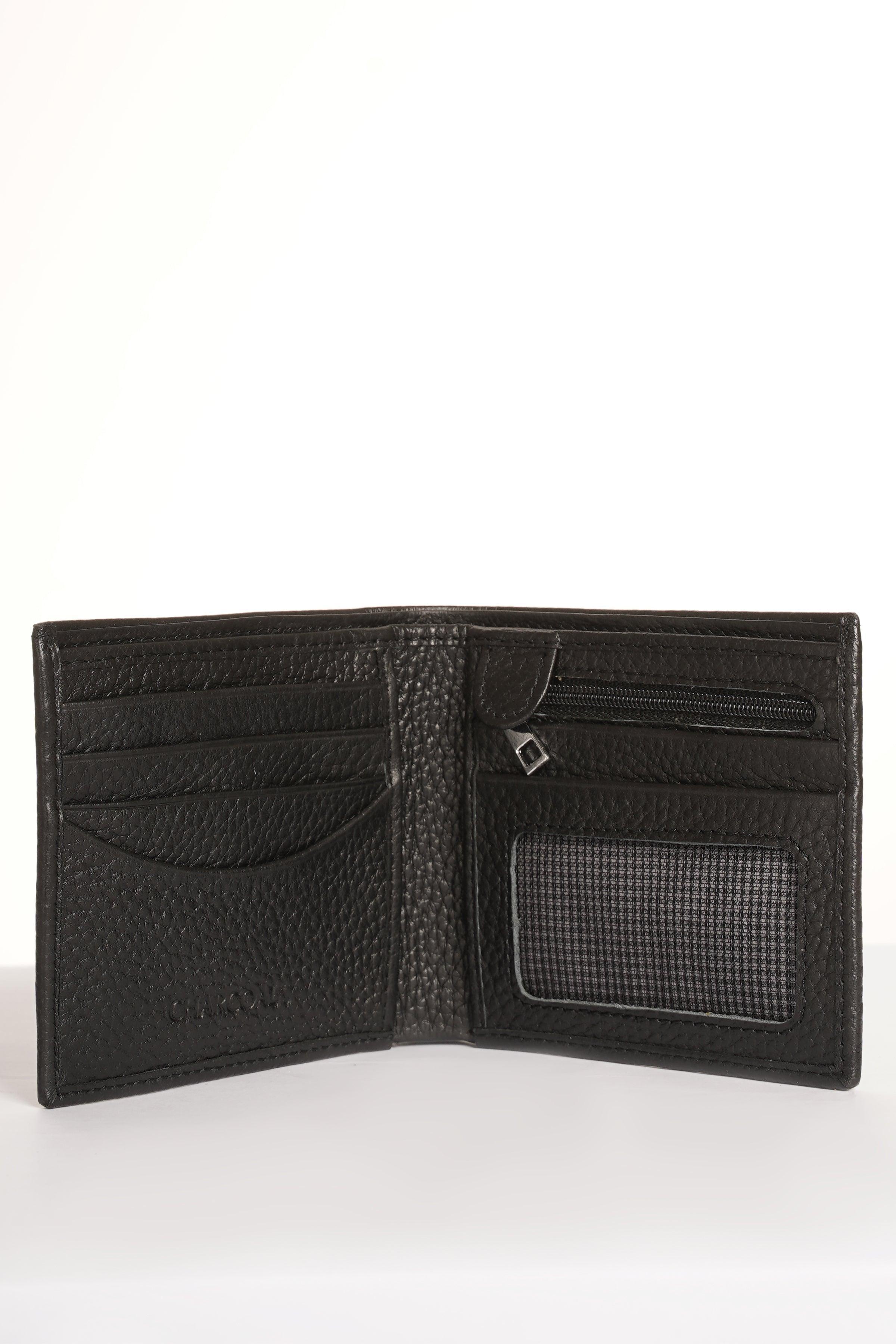 Black leather bi-fold wallet interior with card slots and ID window.