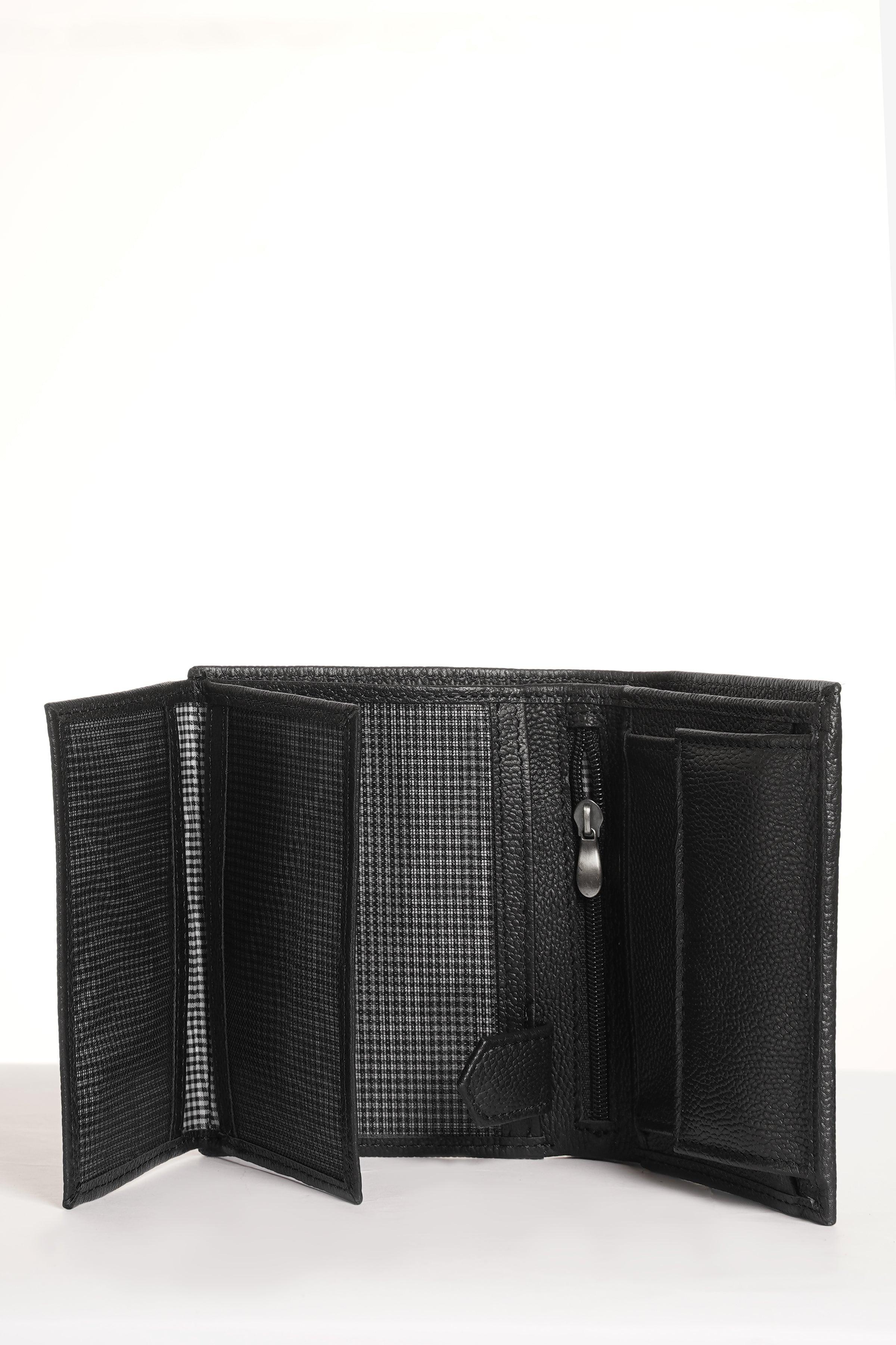 Black leather wallet opened flat, interior compartments with zipper pocket