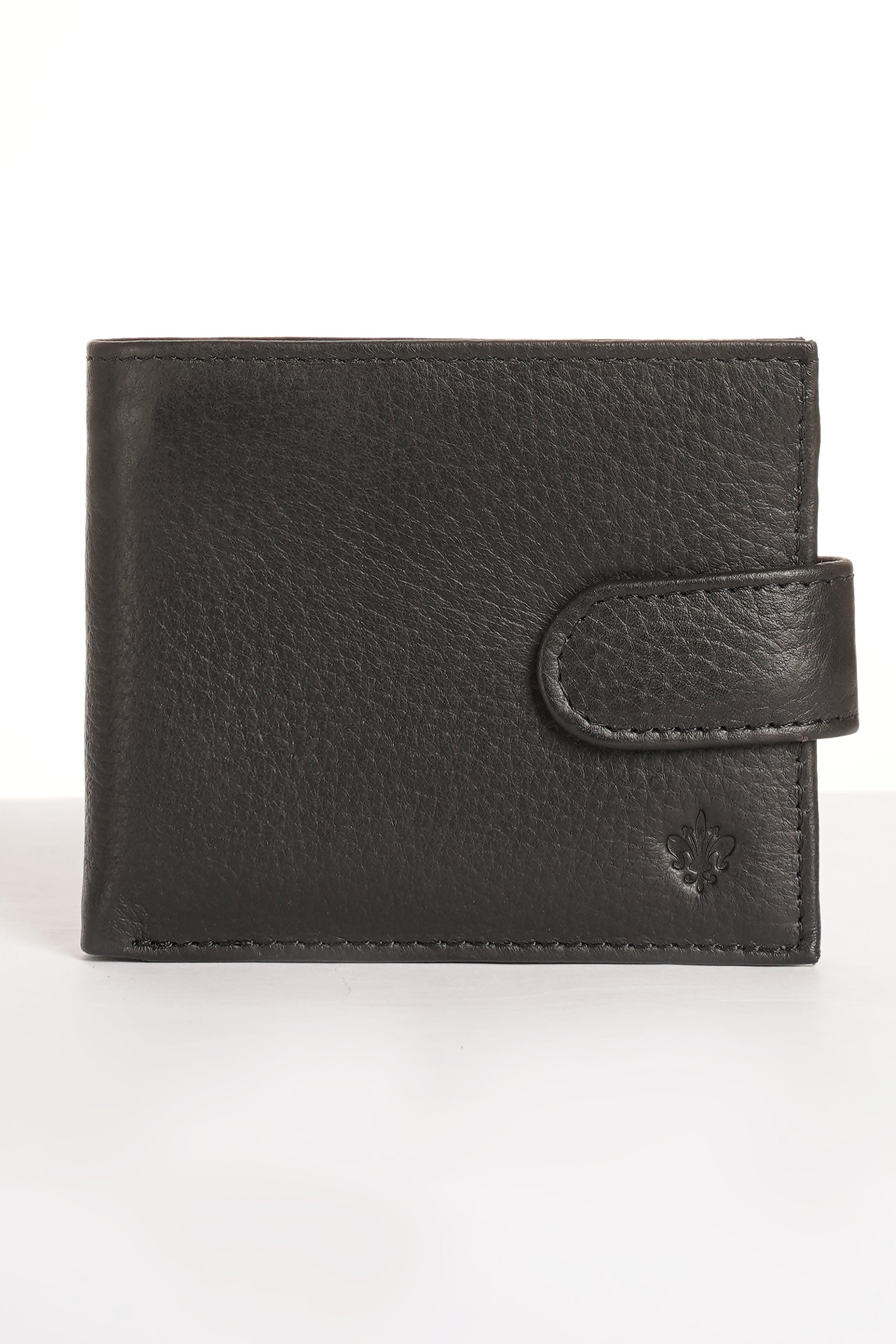 Black leather bifold wallet with front flap and stitched tab