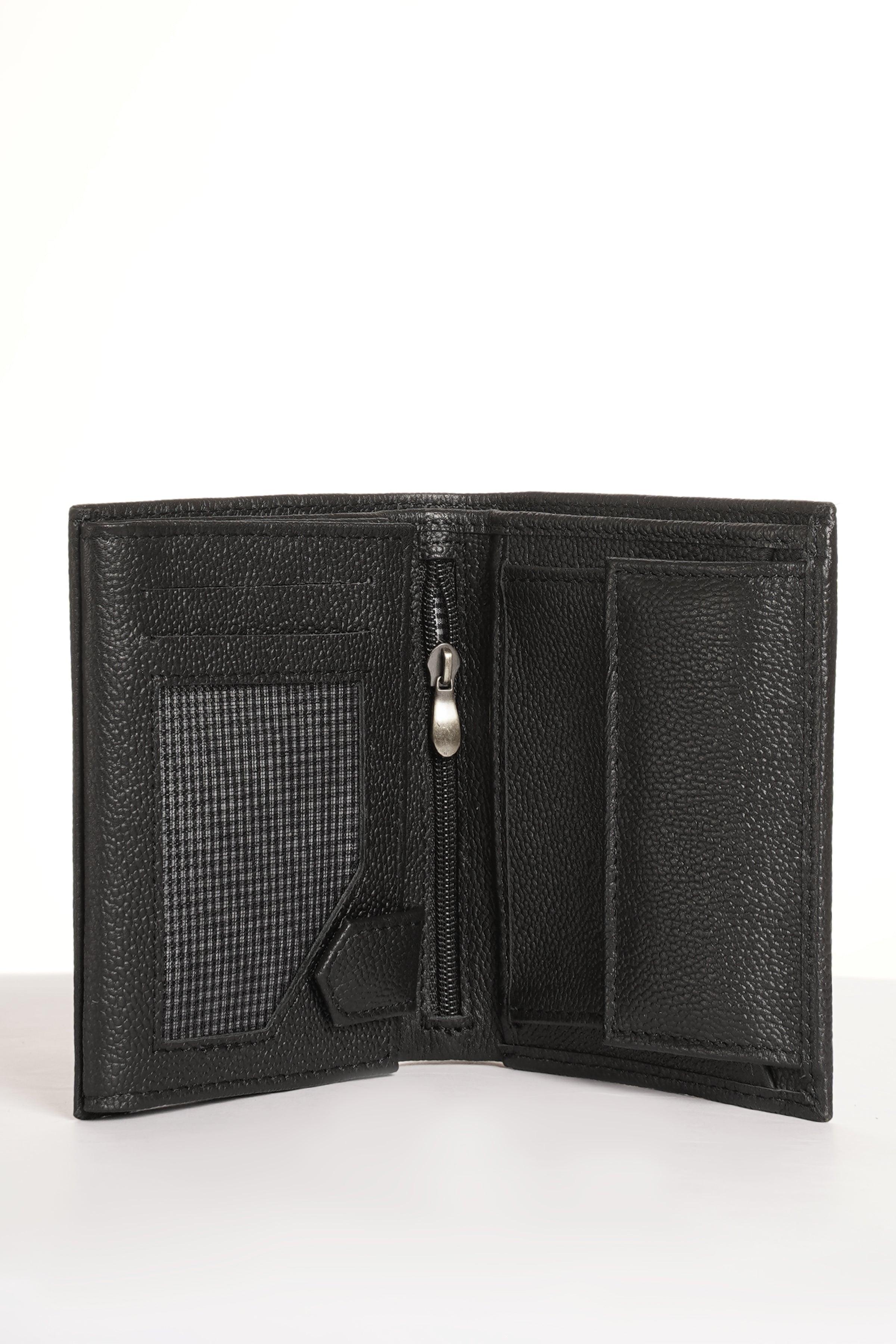 Black leather wallet opened, showing card slots and bill compartments