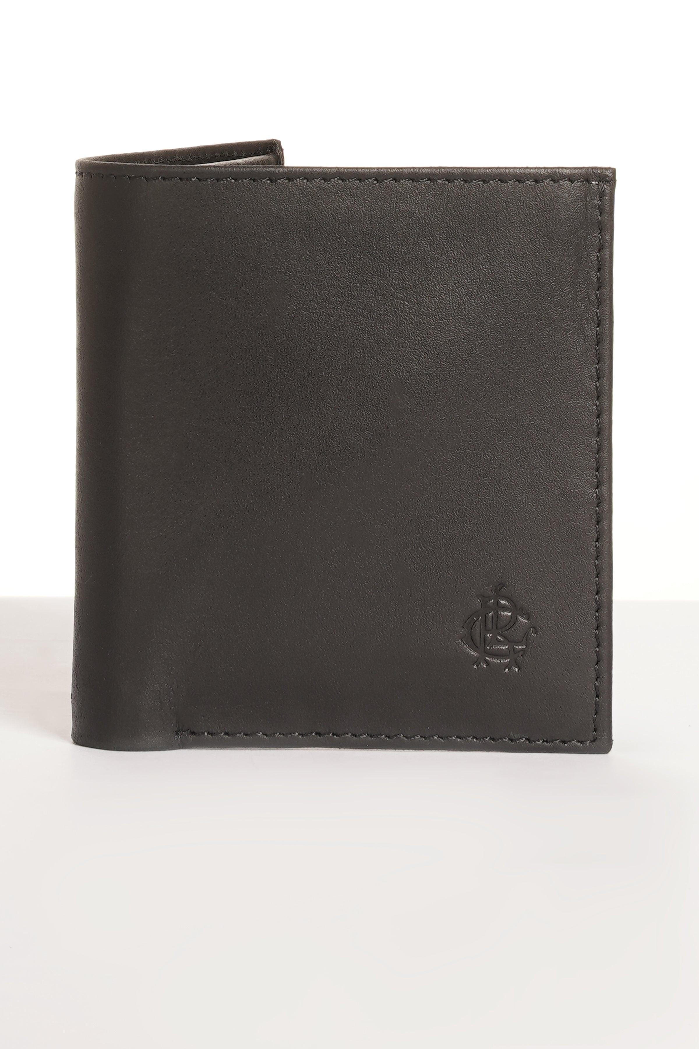 Black leather wallet with stitched edges and small logo emblem