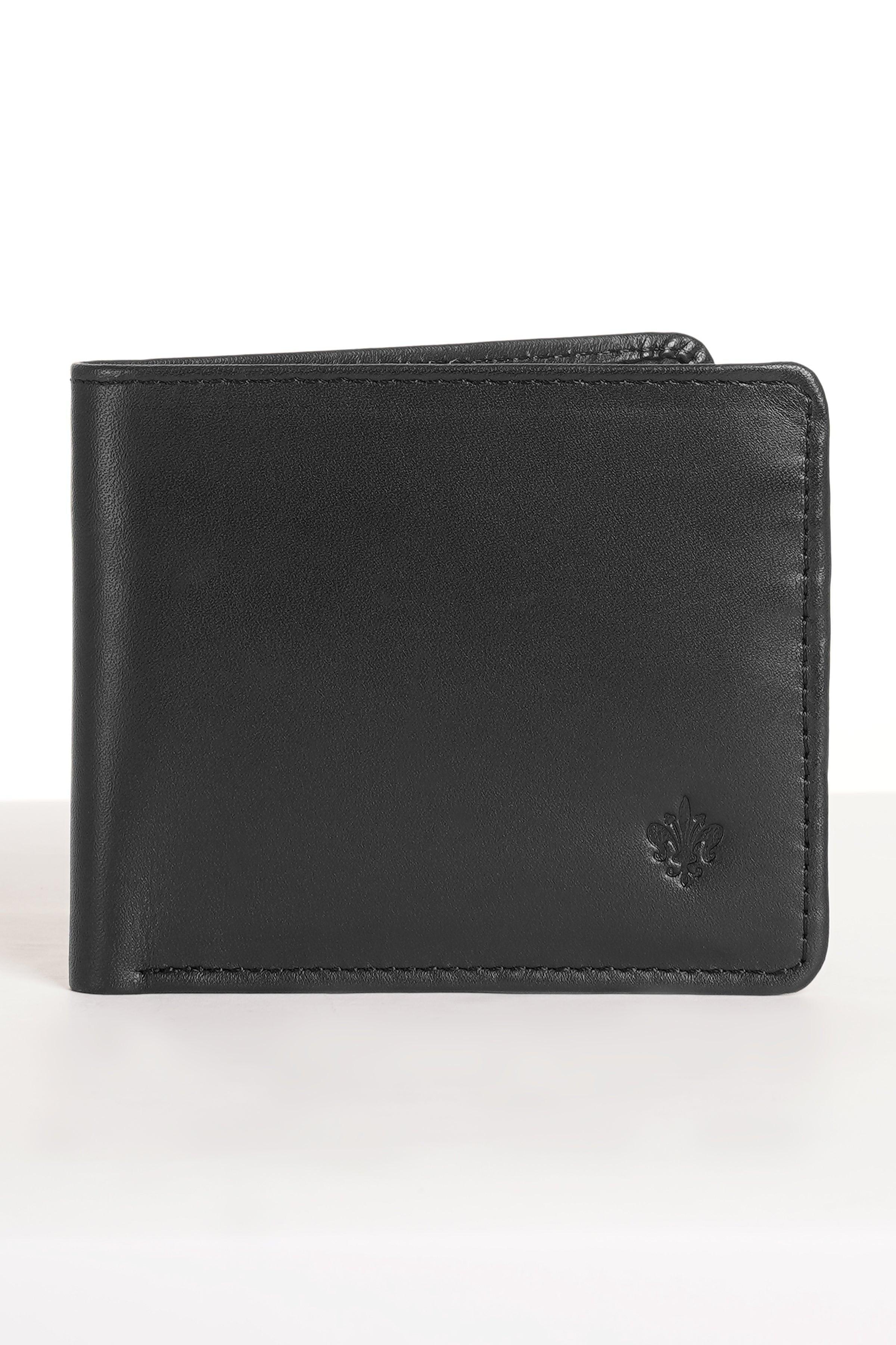 Black bifold wallet front with embossed crest and topstitched edges