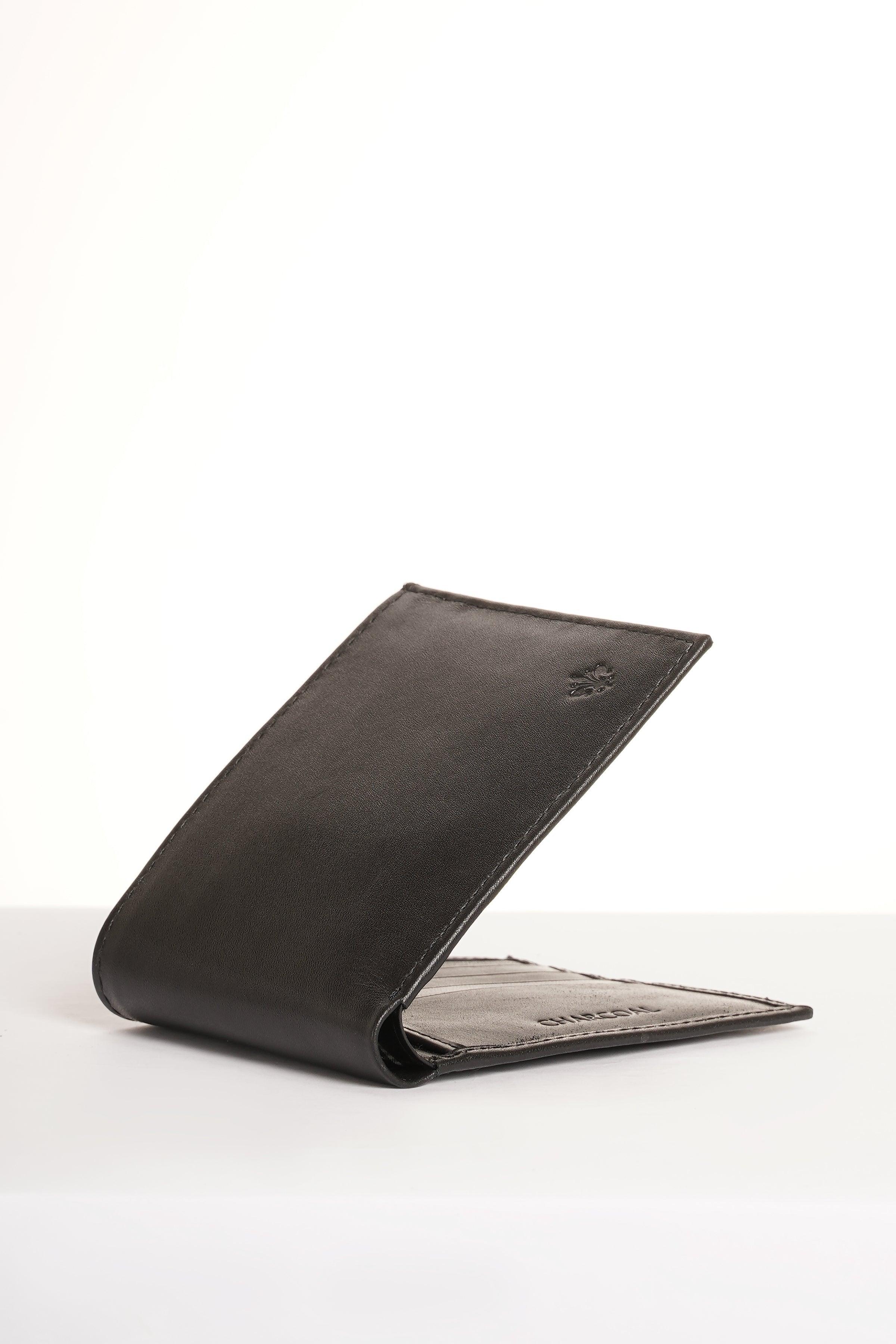 Black bifold wallet with front logo and partially open card compartment