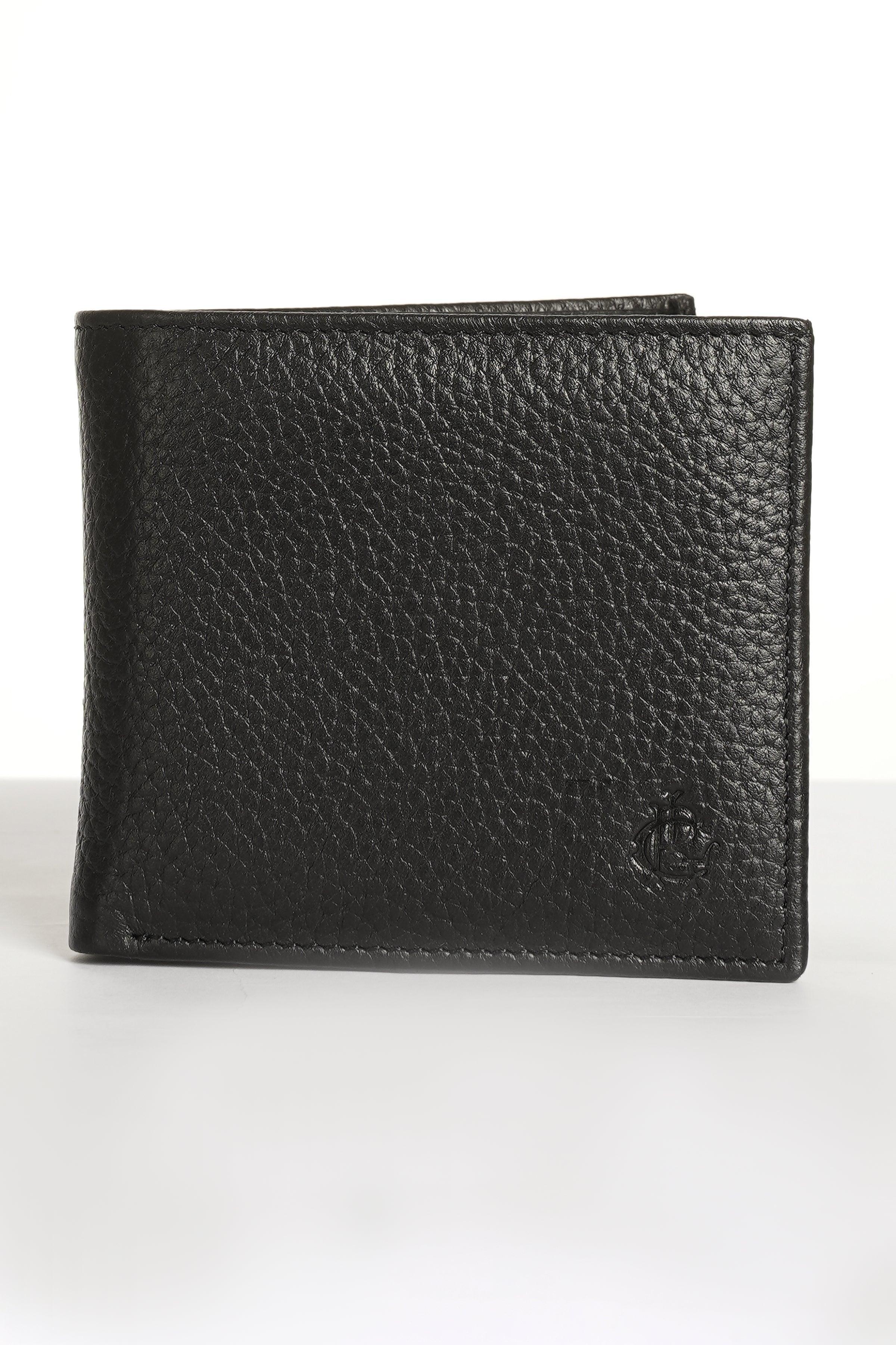 Black leather bi-fold wallet with pebbled grain texture, plain front.